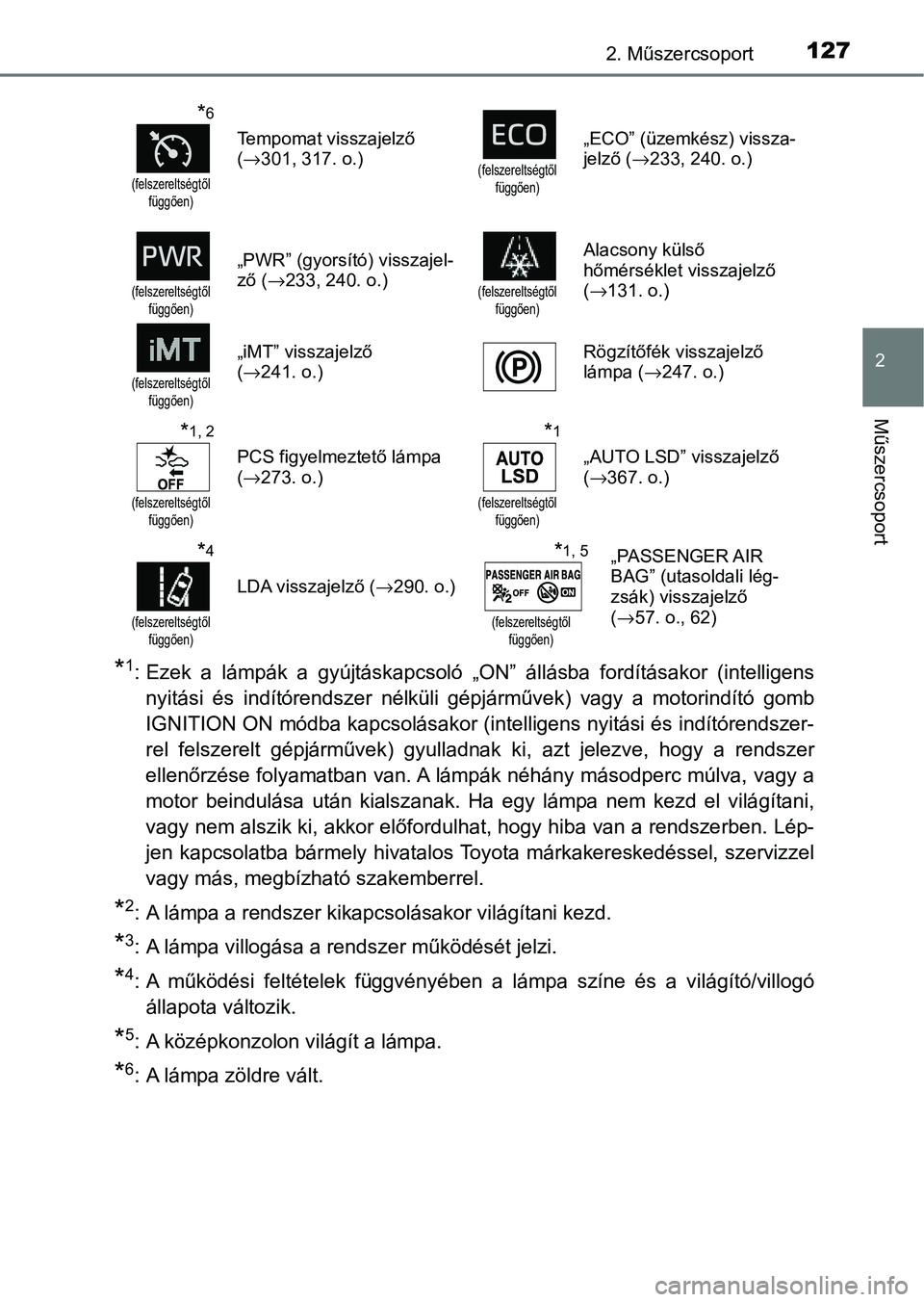 TOYOTA HILUX 2021  Kezelési útmutató (in Hungarian) 1272. Műszercsoport
2
Műszercsoport
*1: Ezek  a  lámpák  a  gyújtáskapcsoló  „ON”  állásba  fordításakor  (intelligensnyitási  és  indítórendszer  nélküli  gépjárművek)  vagy  