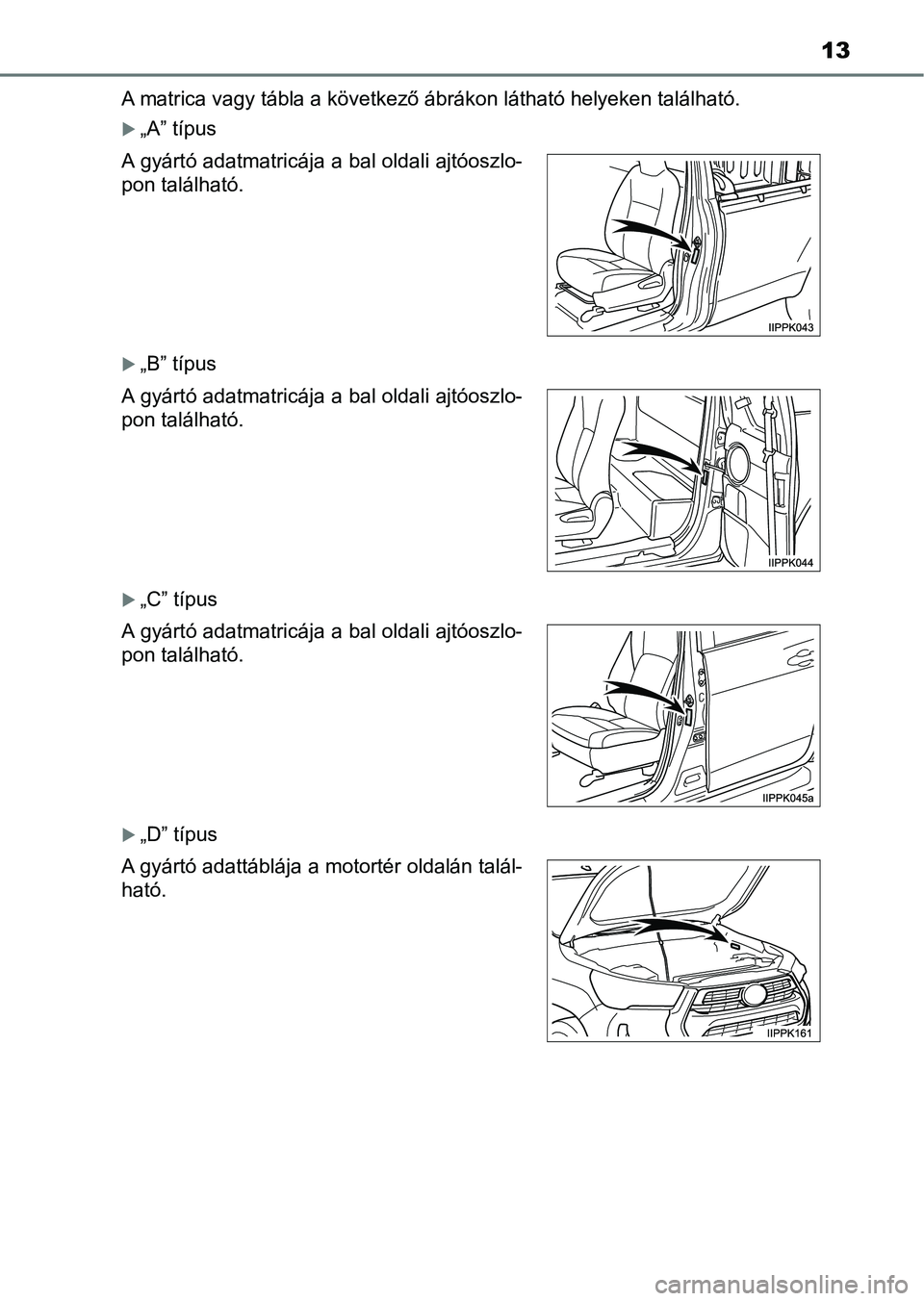 TOYOTA HILUX 2021 Kezelési útmutató (in Hungarian) 13
A matrica vagy tábla a következő ábrákon látható helyeken található.
„A” típus
„B” típus
„C” típus
„D” típus
A gyártó adatmatricája a bal oldali ajtóosz TOYOTA HILUX 2021 Kezelési útmutató (in Hungarian) 13
A matrica vagy tábla a következő ábrákon látható helyeken található.
„A” típus
„B” típus
„C” típus
„D” típus
A gyártó adatmatricája a bal oldali ajtóosz