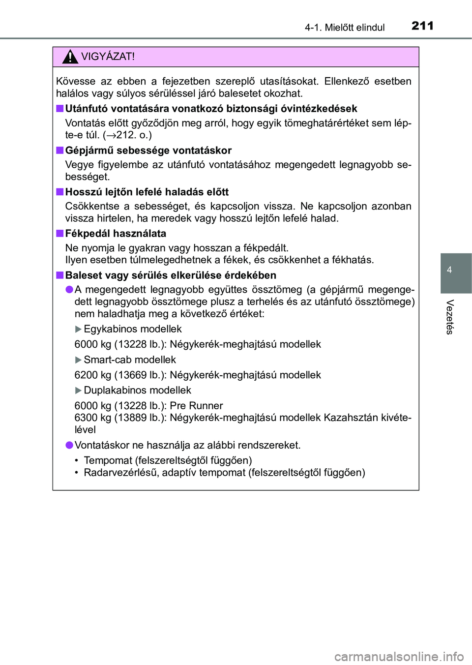 TOYOTA HILUX 2021  Kezelési útmutató (in Hungarian) 2114-1. Mielőtt elindul
4
Vezetés
VIGYÁZAT!
Kövesse  az  ebben  a  fejezetben  szereplő  utasításokat.  Ellenkező esetben
halálos vagy súlyos sérüléssel járó balesetet okozhat.
n Utánf