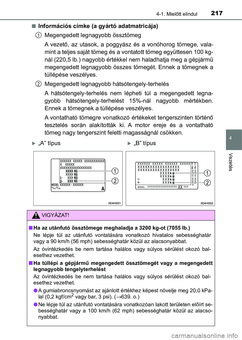 TOYOTA HILUX 2021  Kezelési útmutató (in Hungarian) 2174-1. Mielőtt elindul
4
Vezetés
nInformációs címke (a gyártó adatmatricája)Megengedett leg nagyobb össztömeg
A  vezető,  az  utasok,  a  poggyász  és  a  vonóhorog  tömege,  vala-
min