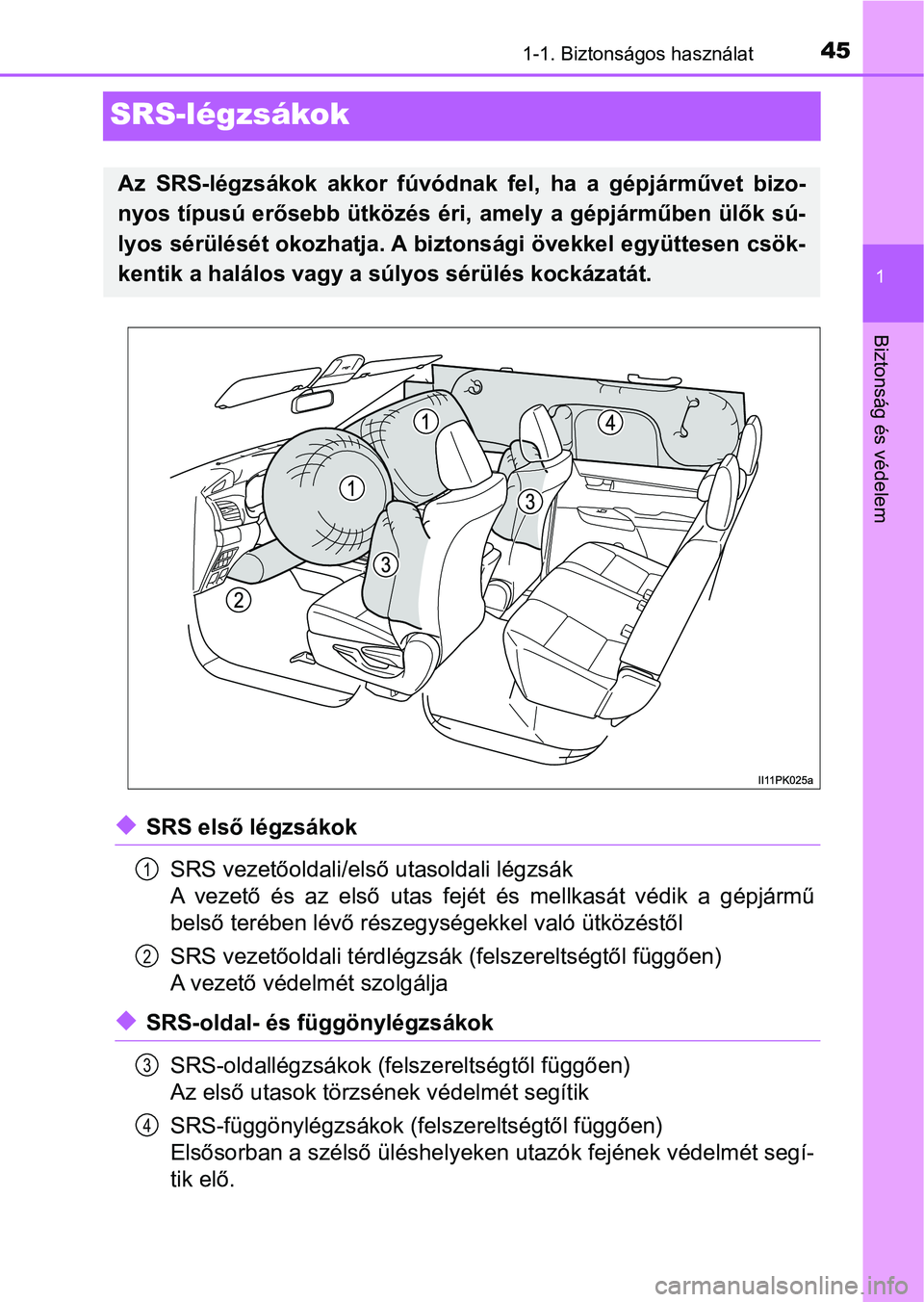 TOYOTA HILUX 2021  Kezelési útmutató (in Hungarian) 451-1. Biztonságos használat
1
Biztonság és védelem
SRS-légzsákok
uSRS első légzsákokSRS vezetőoldali/első utasoldali légzsák
A  vezető  és  az  első  utas  fejét  és  mellkasát  v