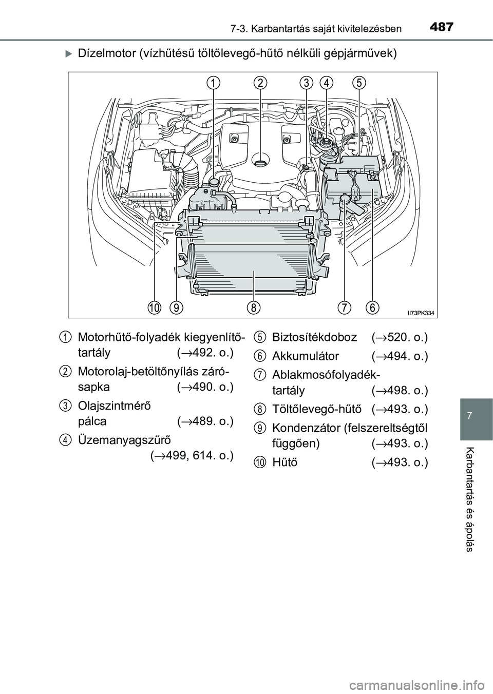 TOYOTA HILUX 2021  Kezelési útmutató (in Hungarian) 4877-3. Karbantartás saját kivitelezésben
7
Karbantartás és ápolás
Dízelmotor (vízhűtésű töltőlevegő-hűtő nélküli gépjárművek)
Motorhűtő-folyadék kiegyenlítő-
tartály  (