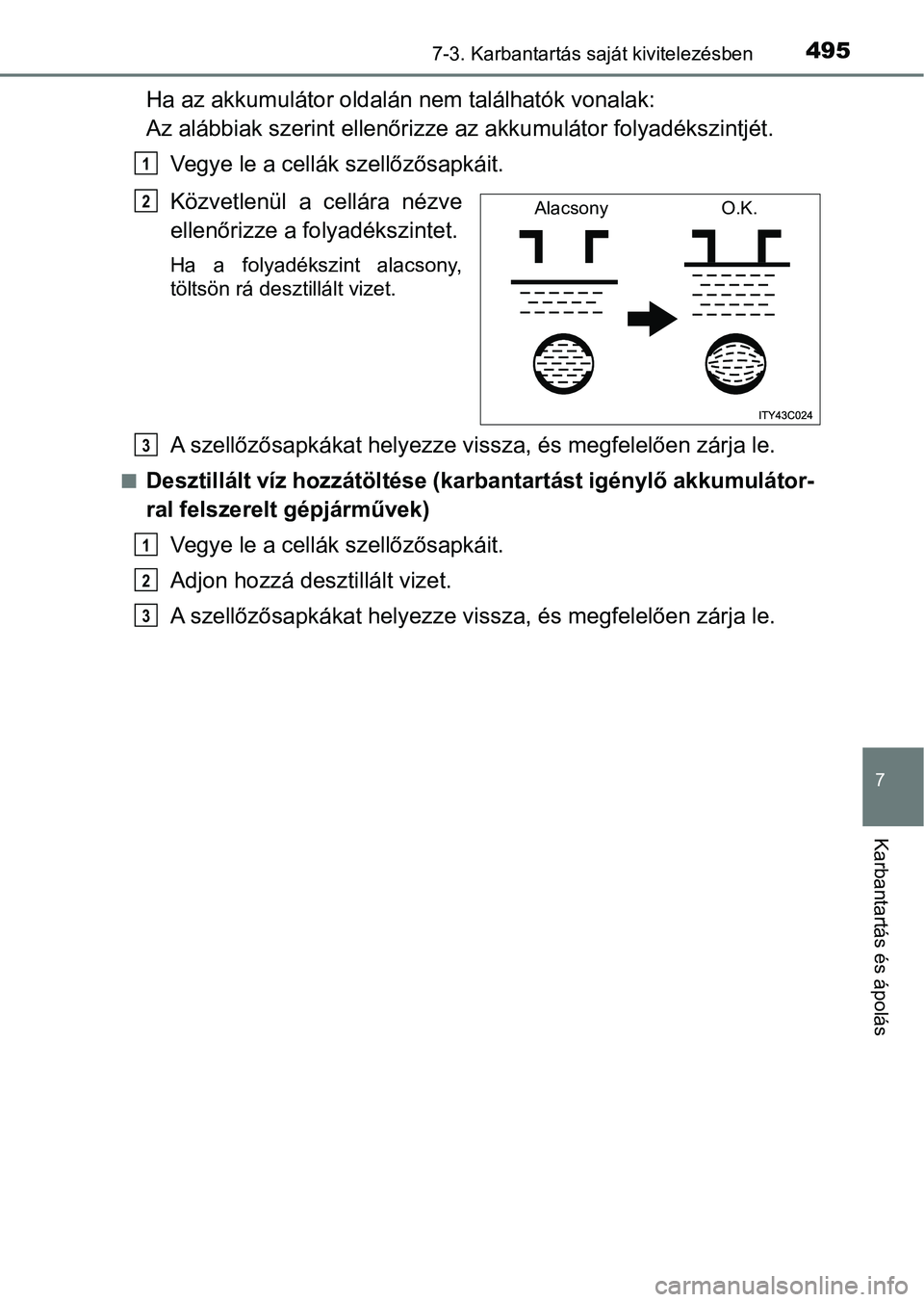 TOYOTA HILUX 2021  Kezelési útmutató (in Hungarian) 4957-3. Karbantartás saját kivitelezésben
7
Karbantartás és ápolás
Ha az akkumulátor oldalán nem találhatók vonalak: 
Az alábbiak szerint ellenőrizze az akkum ulátor folyadékszintjét.
