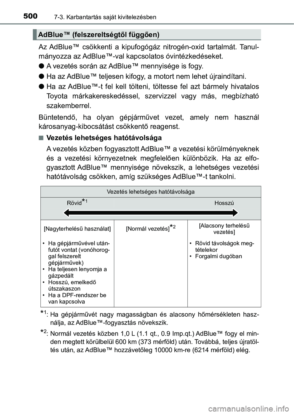 TOYOTA HILUX 2021  Kezelési útmutató (in Hungarian) 5007-3. Karbantartás saját kivitelezésben
Az AdBlue™  csökkenti  a  kipufogógáz  nitrogén-oxid  tartalmát.  Tanul-
mányozza az AdBlue™-val kapcsolatos óvintézkedéseket.
l A vezetés so