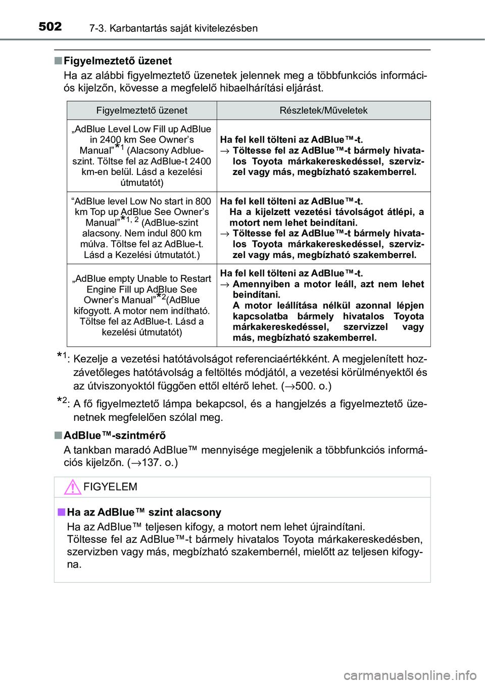 TOYOTA HILUX 2021  Kezelési útmutató (in Hungarian) 5027-3. Karbantartás saját kivitelezésben
nFigyelmeztető üzenet
Ha az alábbi figyelmeztető üzenetek jelennek meg a többfunkciós  informáci-
ós kijelzőn, kövesse a megfelelő hibaelhárí