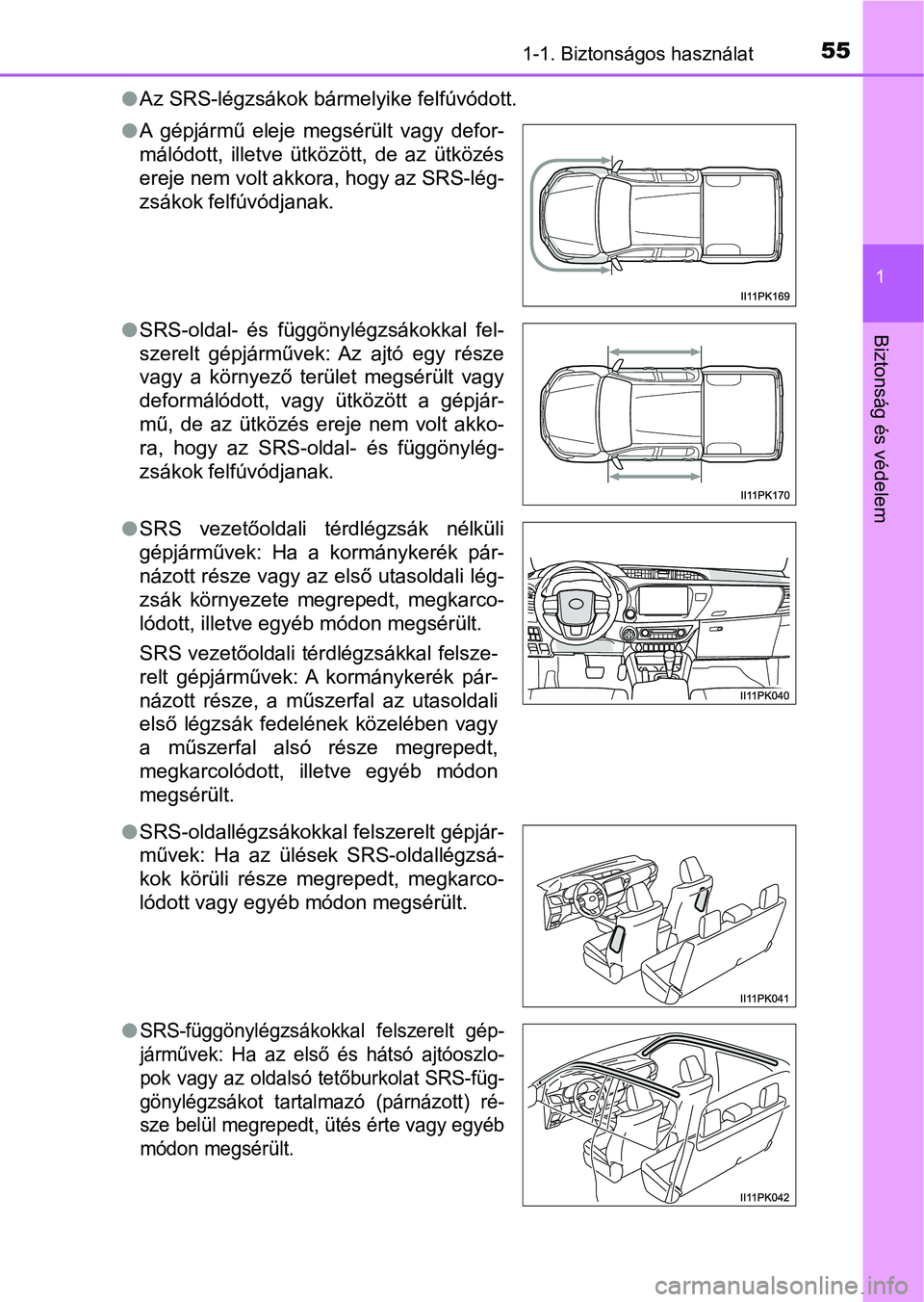 TOYOTA HILUX 2021  Kezelési útmutató (in Hungarian) 551-1. Biztonságos használat
1
Biztonság és védelem
lAz SRS-légzsákok bármelyike felfúvódott.
l A  gépjármű  eleje  megsérült  vagy  defor-
málódott,  illetve  ütközött,  de  az  