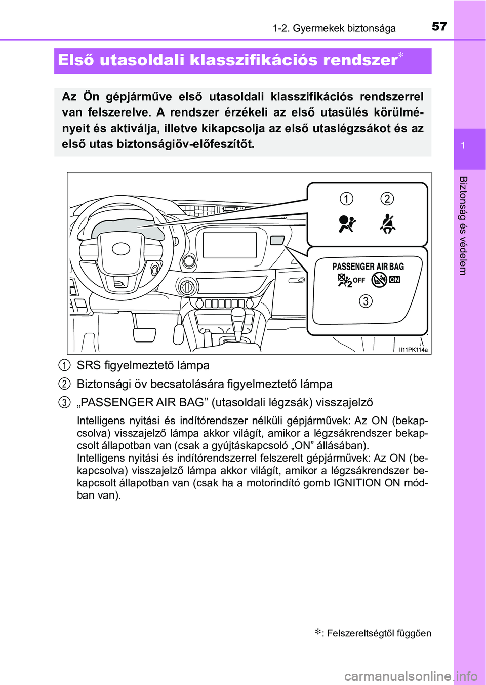TOYOTA HILUX 2021  Kezelési útmutató (in Hungarian) 571-2. Gyermekek biztonsága
1
Biztonság és védelem
Első utasoldali klassz ifikációs rendszer∗
SRS figyelmeztető lámpa
Biztonsági öv becsatolásár a figyelmeztető lámpa
„PASSENGER AIR