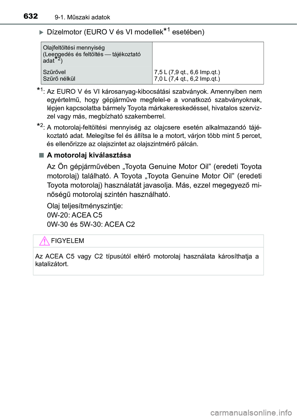 TOYOTA HILUX 2021  Kezelési útmutató (in Hungarian) 6329-1. Műszaki adatok
Dízelmotor (EURO V és VI modellek*1 esetében)
*1: Az  EURO  V  és  VI  károsanyag-kibocsátási  szabványok. Amennyiben nem
egyértelmű,  hogy  gépjárműve  megfele