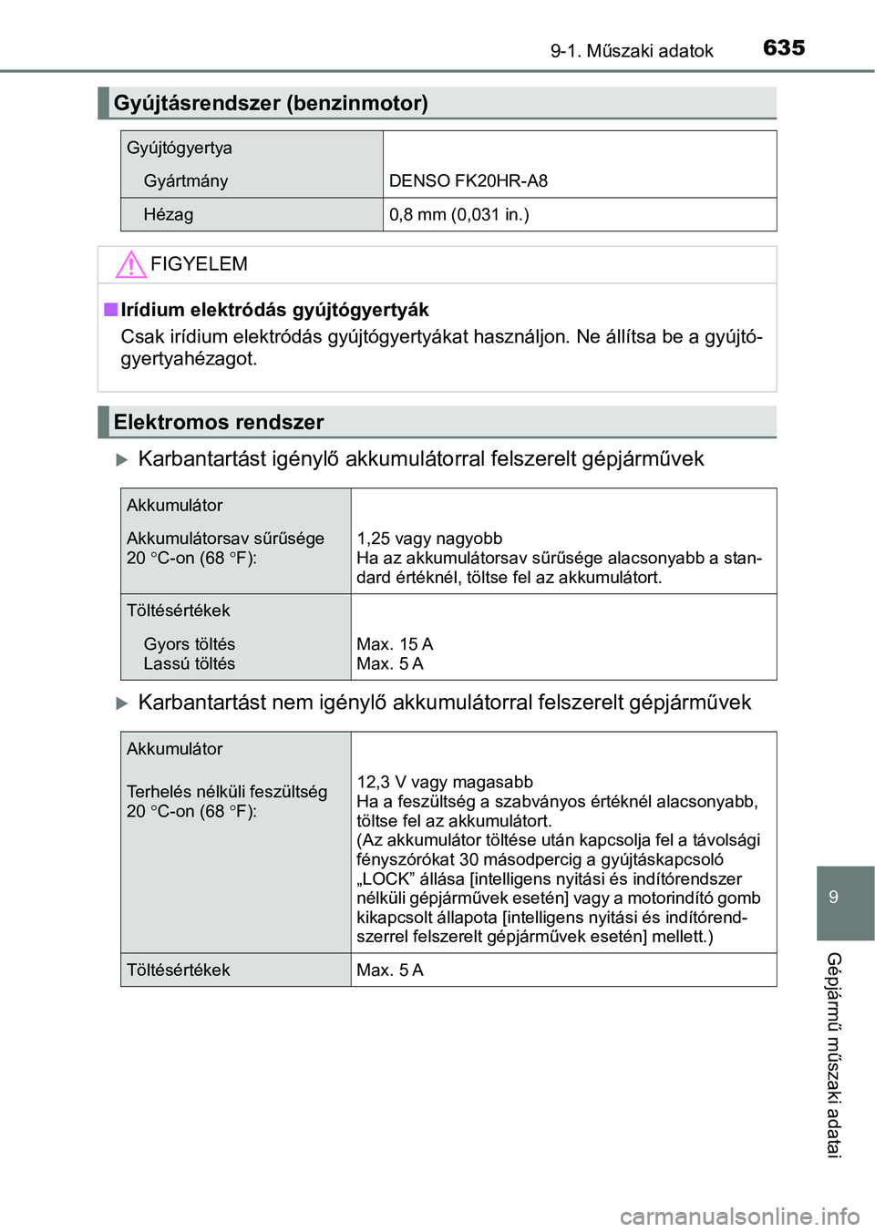 TOYOTA HILUX 2021  Kezelési útmutató (in Hungarian) 635
9
9-1. Műszaki adatok
Gépjármű műszaki adatai
Karbantartást igénylő akkumulátorral felszerelt gépjárművek
Karbantartást nem igénylő akkumul átorral felszerelt gépjárművek
