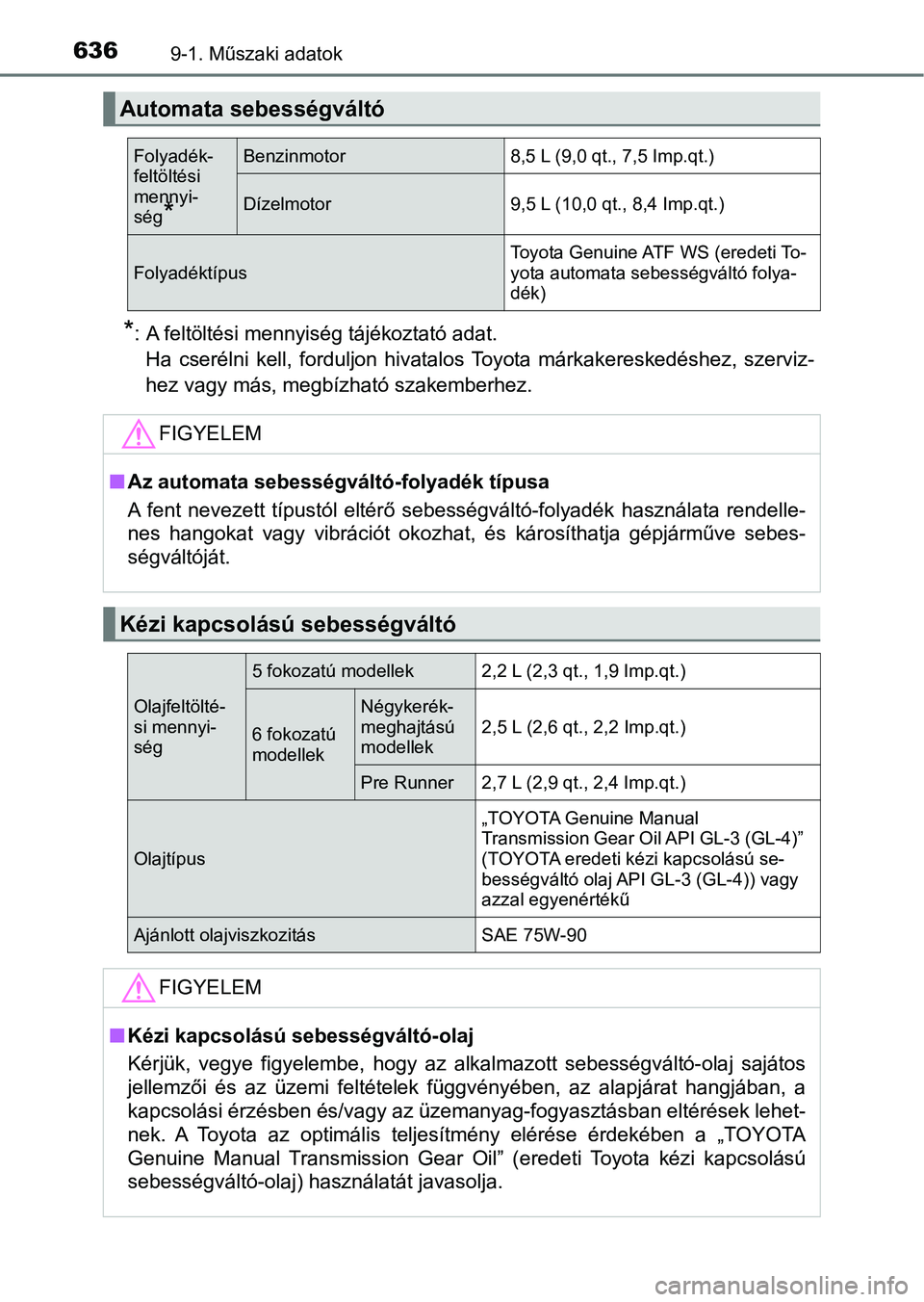 TOYOTA HILUX 2021  Kezelési útmutató (in Hungarian) 6369-1. Műszaki adatok
*: A feltöltési mennyiség tájékoztató adat.Ha  cserélni  kell,  forduljon  hivatalos  Toyota  márkakereskedéshez ,  szerviz-
hez vagy más, megbízható szakemberhez.
