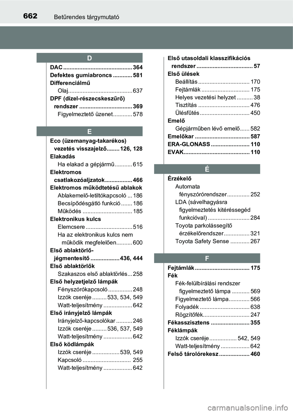 TOYOTA HILUX 2021  Kezelési útmutató (in Hungarian) 662Betűrendes tárgymutató
DAC ........................................... 364
Defektes gumiabroncs ............ 581
DifferenciálműOlaj........................................ 637
DPF (dízel-rés