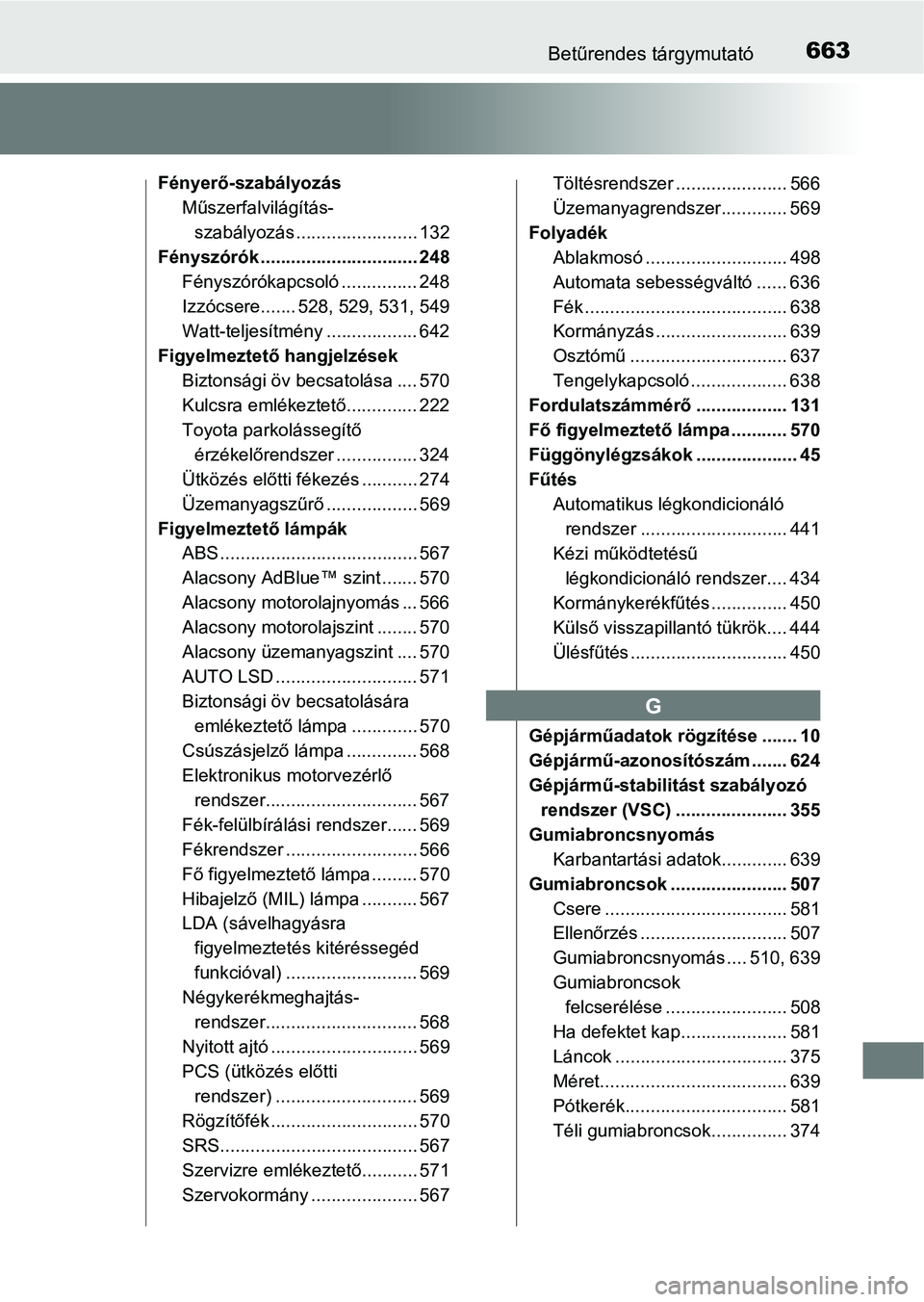 TOYOTA HILUX 2021  Kezelési útmutató (in Hungarian) 663Betűrendes tárgymutató
Fényerő-szabályozásMűszerfalvilágítás- szabályozás ........................ 132
Fényszórók ............................... 248
Fényszórókapcsoló .........