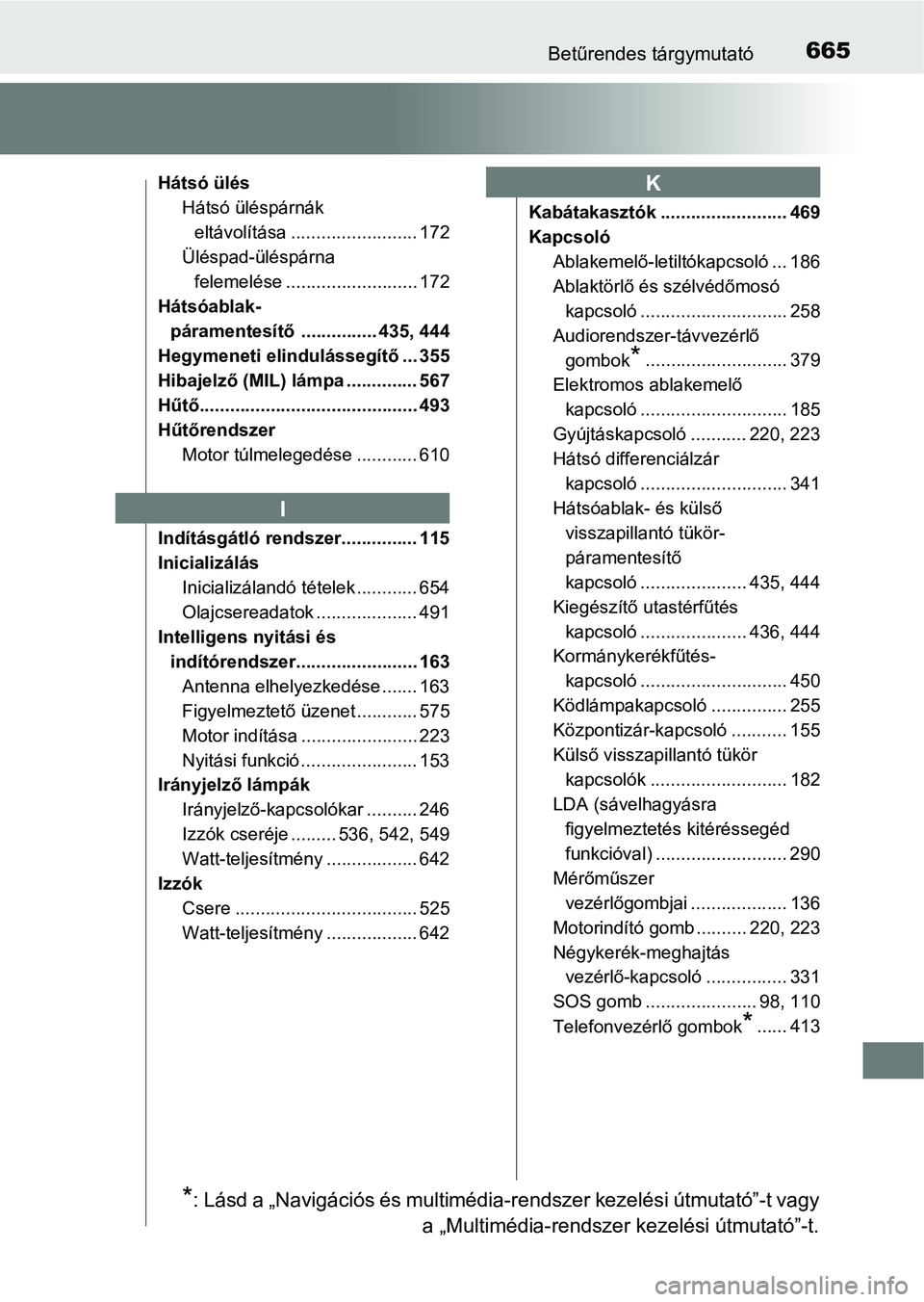 TOYOTA HILUX 2021  Kezelési útmutató (in Hungarian) 665Betűrendes tárgymutató
Hátsó ülésHátsó üléspárnák eltávolítása ......................... 172
Üléspad-üléspárna 
felemelése .......................... 172
Hátsóablak- párame