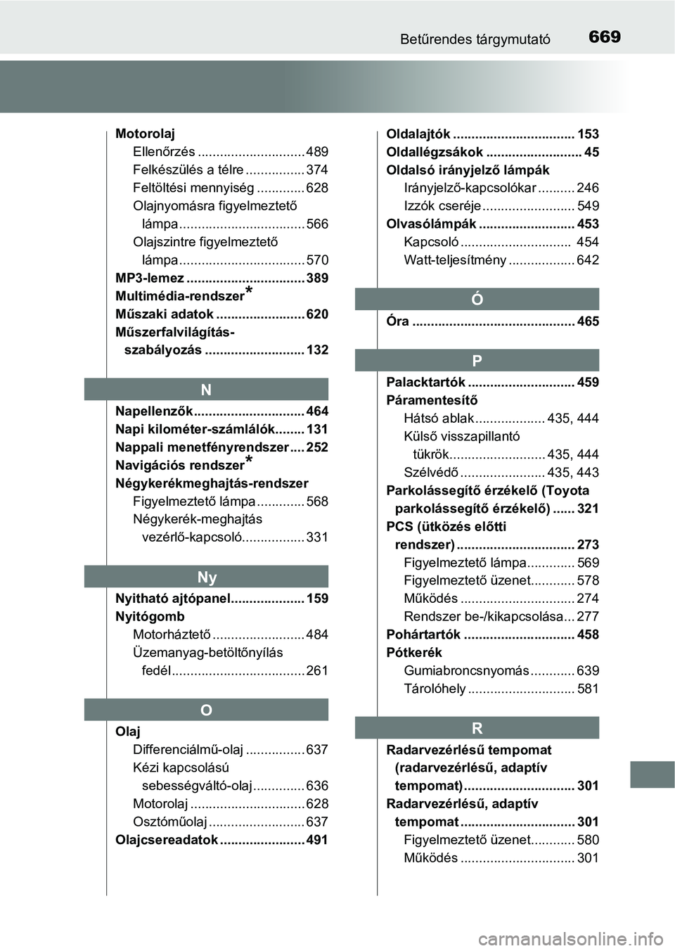 TOYOTA HILUX 2021  Kezelési útmutató (in Hungarian) 669Betűrendes tárgymutató
MotorolajEllenőrzés ............................. 489
Felkészülés a télre ................ 374
Feltöltési mennyiség ............. 628
Olajnyomásra figyelmeztető