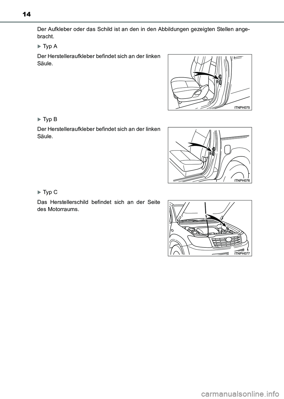 TOYOTA HILUX 2015  Betriebsanleitungen (in German) 14
HILUX_OM_OM71214M_(EM)Der Aufkleber oder das Schild ist an den in den Abbildungen gezeigten Stellen ange-
bracht.
�XTy p  A
�XTy p  B
�XTy p  C
Der Herstelleraufkleber befindet sich an der linken
S