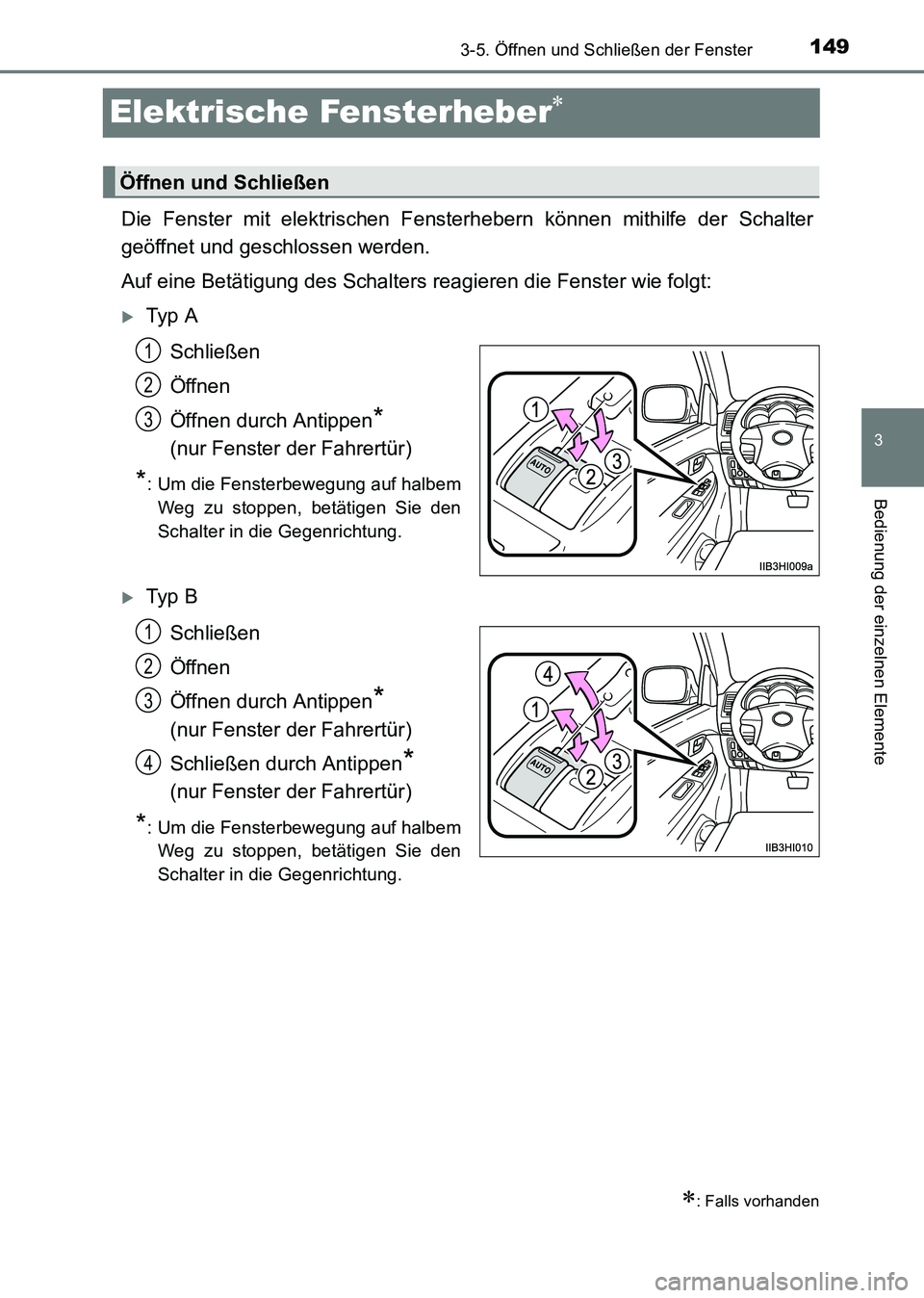 TOYOTA HILUX 2015  Betriebsanleitungen (in German) 149
3
3-5. Öffnen und Schließen der Fenster
Bedienung der einzelnen Elemente
HILUX_OM_OM71214M_(EM)
Elektrische Fensterheber∗
Die Fenster mit elektrischen Fensterhebern können mithilfe der Schalt