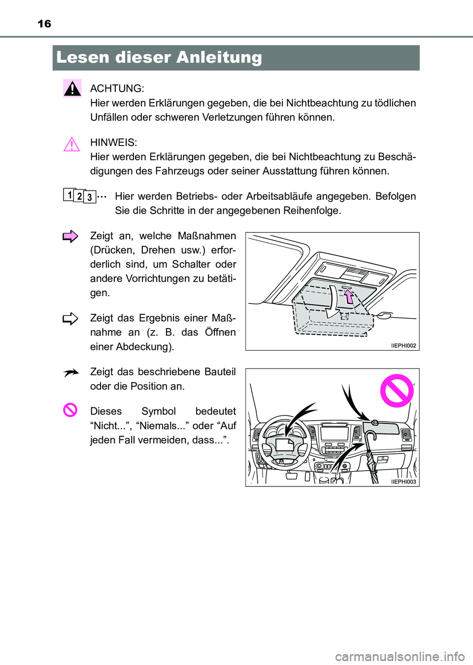 TOYOTA HILUX 2015  Betriebsanleitungen (in German) 16
HILUX_OM_OM71214M_(EM)
Lesen dieser Anleitung
ACHTUNG: 
Hier werden Erklärungen gegeben, die bei Nichtbeachtung zu tödlichen
Unfällen oder schweren Verletzungen führen können.
HINWEIS: 
Hier w