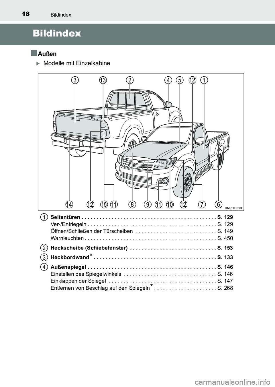 TOYOTA HILUX 2015  Betriebsanleitungen (in German) 18Bildindex
HILUX_OM_OM71214M_(EM)
Bildindex
■Außen
�XModelle mit Einzelkabine
Seitentüren . . . . . . . . . . . . . . . . . . . . . . . . . . . . . . . . . . . . . . . . . . . . . S. 129
Ver-/Ent