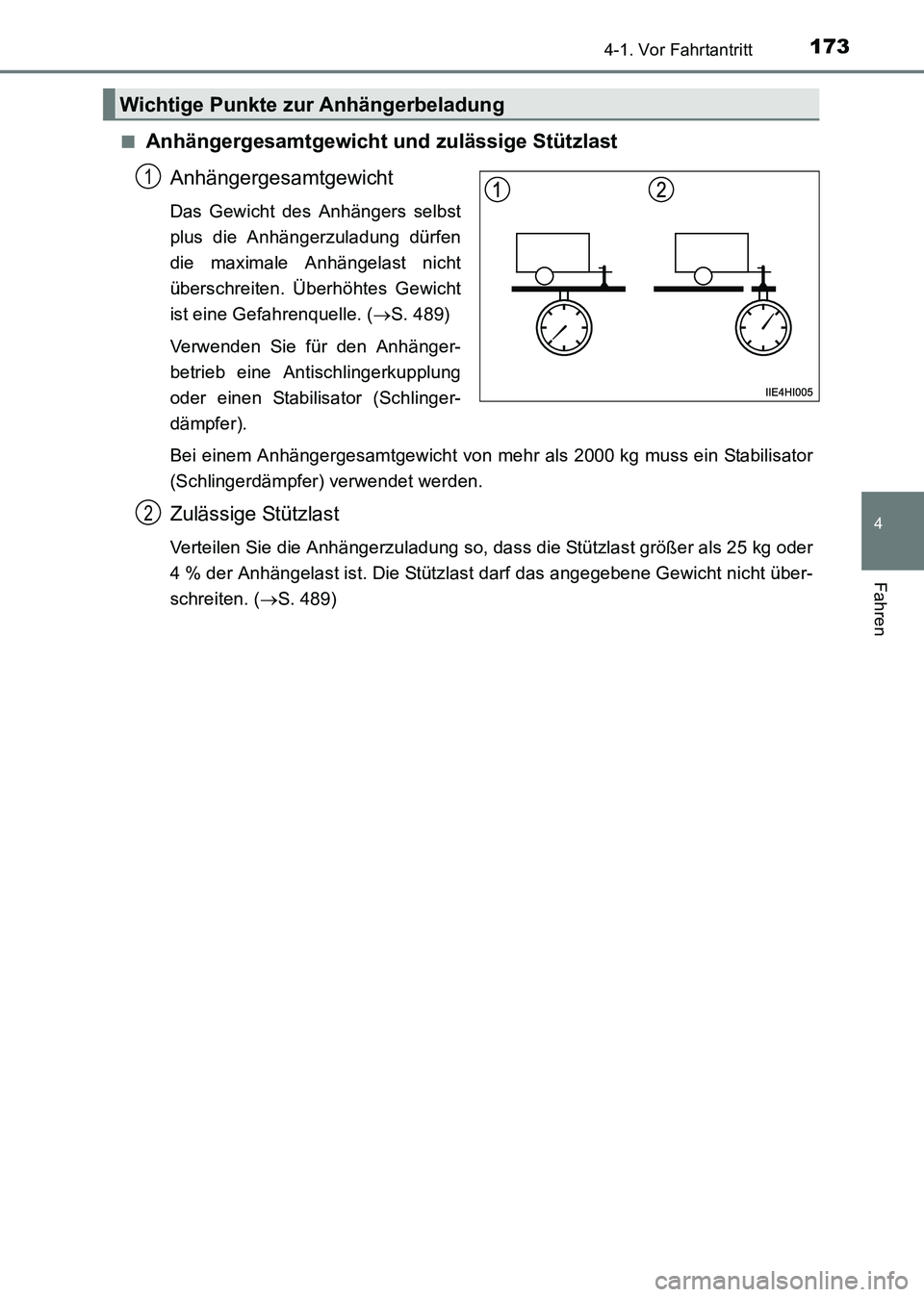 TOYOTA HILUX 2015 Betriebsanleitungen (in German) 1734-1. Vor Fahrtantritt
4
Fahren
HILUX_OM_OM71214M_(EM)■
Anhängergesamtgewicht und zulässige Stützlast
Anhängergesamtgewicht
Das Gewicht des Anhängers selbst
plus die Anhängerzuladung dürfen TOYOTA HILUX 2015 Betriebsanleitungen (in German) 1734-1. Vor Fahrtantritt
4
Fahren
HILUX_OM_OM71214M_(EM)■
Anhängergesamtgewicht und zulässige Stützlast
Anhängergesamtgewicht
Das Gewicht des Anhängers selbst
plus die Anhängerzuladung dürfen