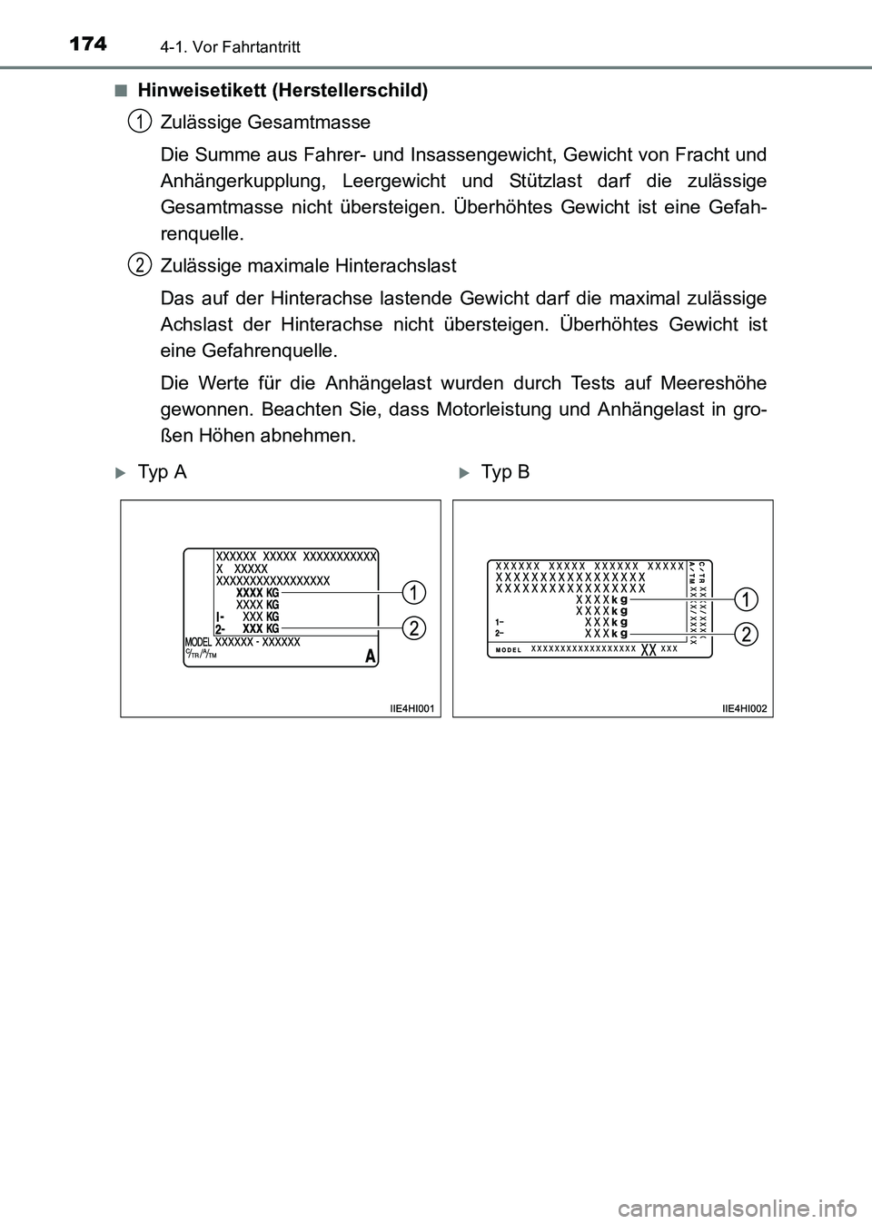 TOYOTA HILUX 2015 Betriebsanleitungen (in German) 1744-1. Vor Fahrtantritt
HILUX_OM_OM71214M_(EM)■
Hinweisetikett (Herstellerschild)
Zulässige Gesamtmasse
Die Summe aus Fahrer- und Insassengewicht, Gewicht von Fracht und
Anhängerkupplung, Leergew TOYOTA HILUX 2015 Betriebsanleitungen (in German) 1744-1. Vor Fahrtantritt
HILUX_OM_OM71214M_(EM)■
Hinweisetikett (Herstellerschild)
Zulässige Gesamtmasse
Die Summe aus Fahrer- und Insassengewicht, Gewicht von Fracht und
Anhängerkupplung, Leergew