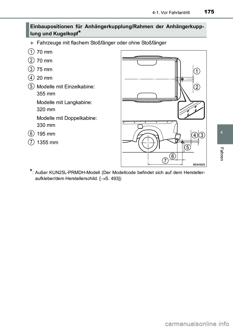 TOYOTA HILUX 2015  Betriebsanleitungen (in German) 1754-1. Vor Fahrtantritt
4
Fahren
HILUX_OM_OM71214M_(EM)
�XFahrzeuge mit flachem Stoßfänger oder ohne Stoßfänger
70 mm
70 mm
75 mm
20 mm
Modelle mit Einzelkabine: 
355 mm
Modelle mit Langkabine: 
