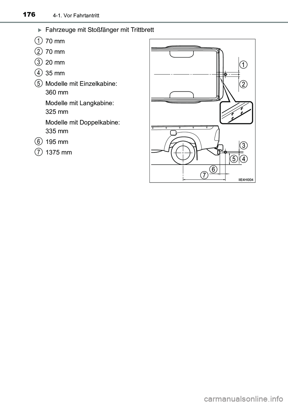 TOYOTA HILUX 2015  Betriebsanleitungen (in German) 1764-1. Vor Fahrtantritt
HILUX_OM_OM71214M_(EM)
�XFahrzeuge mit Stoßfänger mit Trittbrett
70 mm
70 mm
20 mm
35 mm
Modelle mit Einzelkabine: 
360 mm
Modelle mit Langkabine: 
325 mm
Modelle mit Doppel