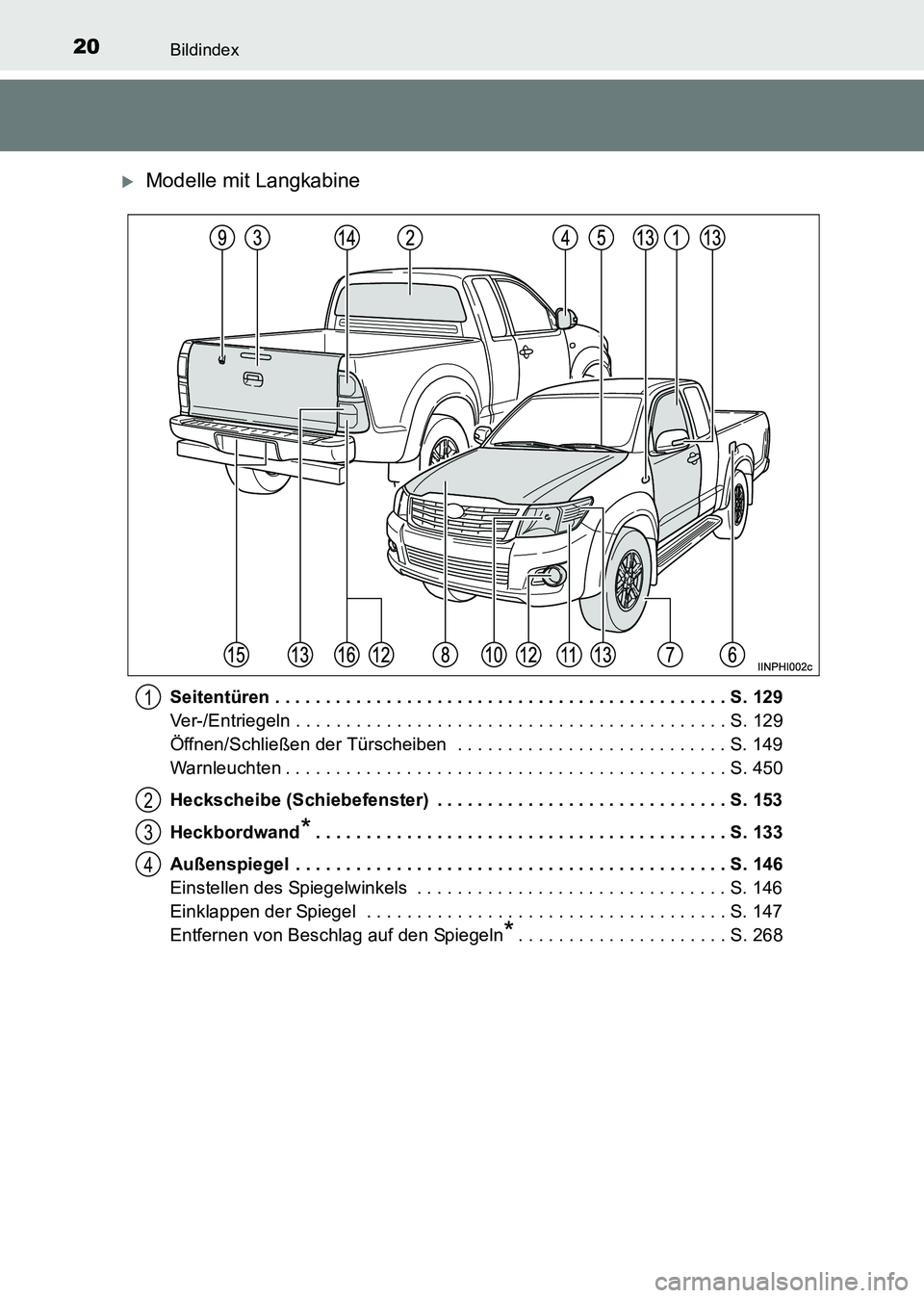 TOYOTA HILUX 2015  Betriebsanleitungen (in German) 20Bildindex
HILUX_OM_OM71214M_(EM)
�XModelle mit Langkabine
Seitentüren . . . . . . . . . . . . . . . . . . . . . . . . . . . . . . . . . . . . . . . . . . . . . S. 129
Ver-/Entriegeln . . . . . . . 