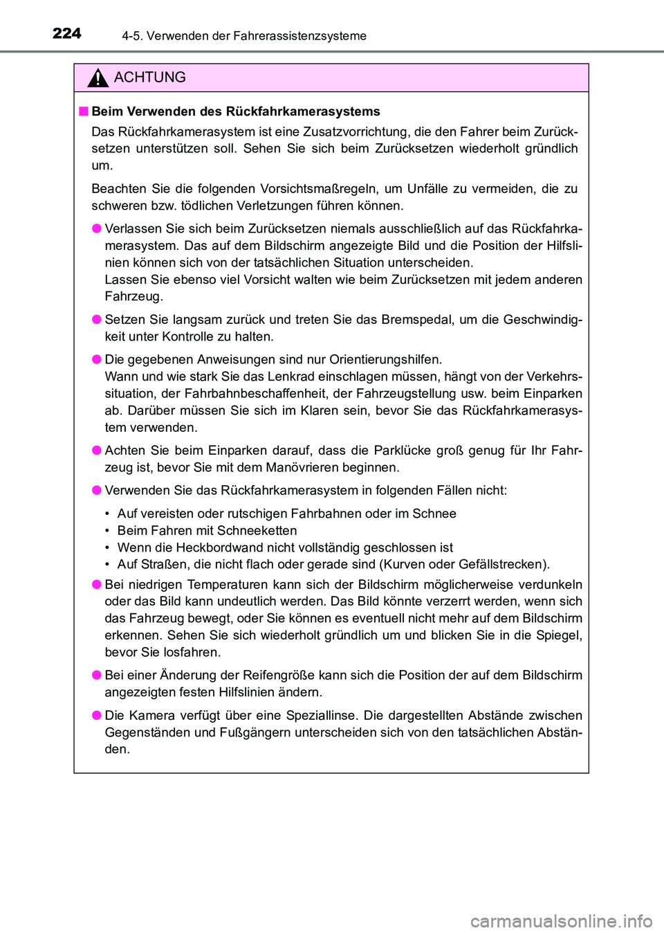 TOYOTA HILUX 2015 Betriebsanleitungen (in German) 2244-5. Verwenden der Fahrerassistenzsysteme
HILUX_OM_OM71214M_(EM)
ACHTUNG
■Beim Verwenden des Rückfahrkamerasystems
Das Rückfahrkamerasystem ist eine Zusatzvorrichtung, die den Fahrer beim Zur TOYOTA HILUX 2015 Betriebsanleitungen (in German) 2244-5. Verwenden der Fahrerassistenzsysteme
HILUX_OM_OM71214M_(EM)
ACHTUNG
■Beim Verwenden des Rückfahrkamerasystems
Das Rückfahrkamerasystem ist eine Zusatzvorrichtung, die den Fahrer beim Zur