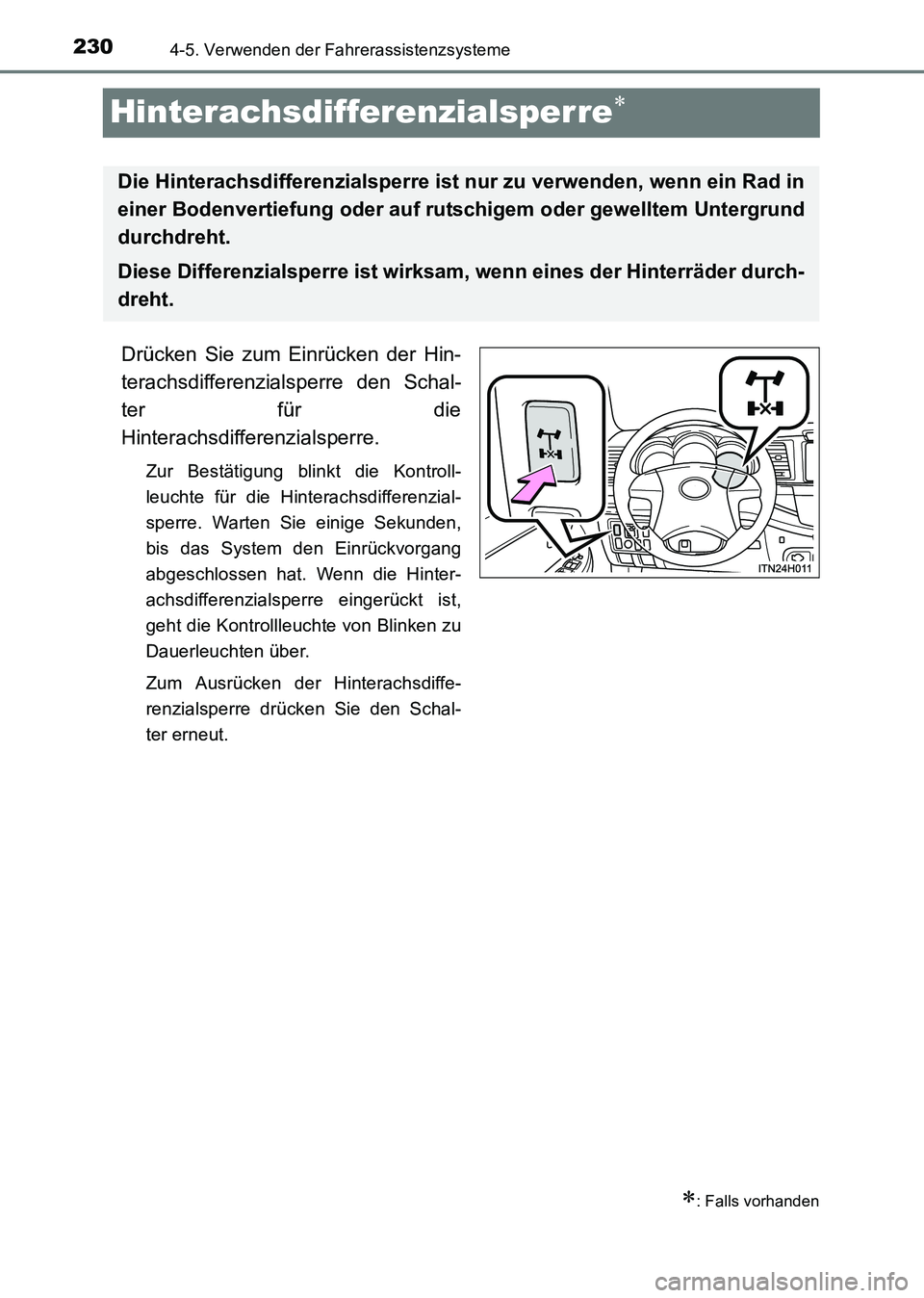 TOYOTA HILUX 2015 Betriebsanleitungen (in German) 2304-5. Verwenden der Fahrerassistenzsysteme
HILUX_OM_OM71214M_(EM)
Hinterachsdifferenzialsperre∗
Drücken Sie zum Einrücken der Hin-
terachsdifferenzialsperre den Schal-
ter für die
Hinterachsdif TOYOTA HILUX 2015 Betriebsanleitungen (in German) 2304-5. Verwenden der Fahrerassistenzsysteme
HILUX_OM_OM71214M_(EM)
Hinterachsdifferenzialsperre∗
Drücken Sie zum Einrücken der Hin-
terachsdifferenzialsperre den Schal-
ter für die
Hinterachsdif