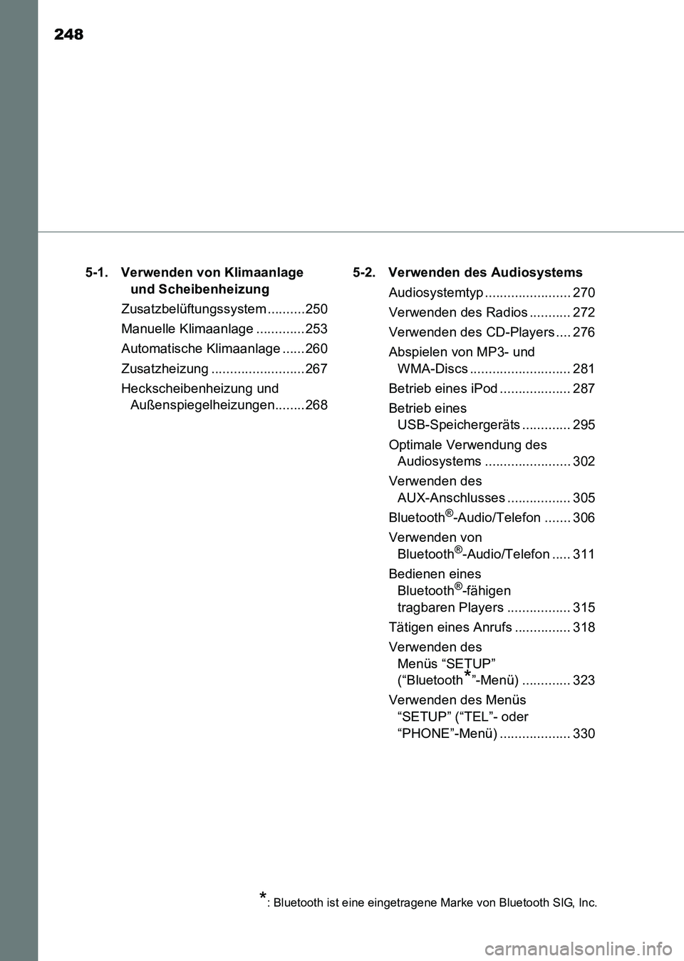 TOYOTA HILUX 2015 Betriebsanleitungen (in German) 248
HILUX_OM_OM71214M_(EM)5-1. Verwenden von Klimaanlage
und Scheibenheizung
Zusatzbelüftungssystem ..........250
Manuelle Klimaanlage .............253
Automatische Klimaanlage ......260
Zusatzheizu TOYOTA HILUX 2015 Betriebsanleitungen (in German) 248
HILUX_OM_OM71214M_(EM)5-1. Verwenden von Klimaanlage
und Scheibenheizung
Zusatzbelüftungssystem ..........250
Manuelle Klimaanlage .............253
Automatische Klimaanlage ......260
Zusatzheizu