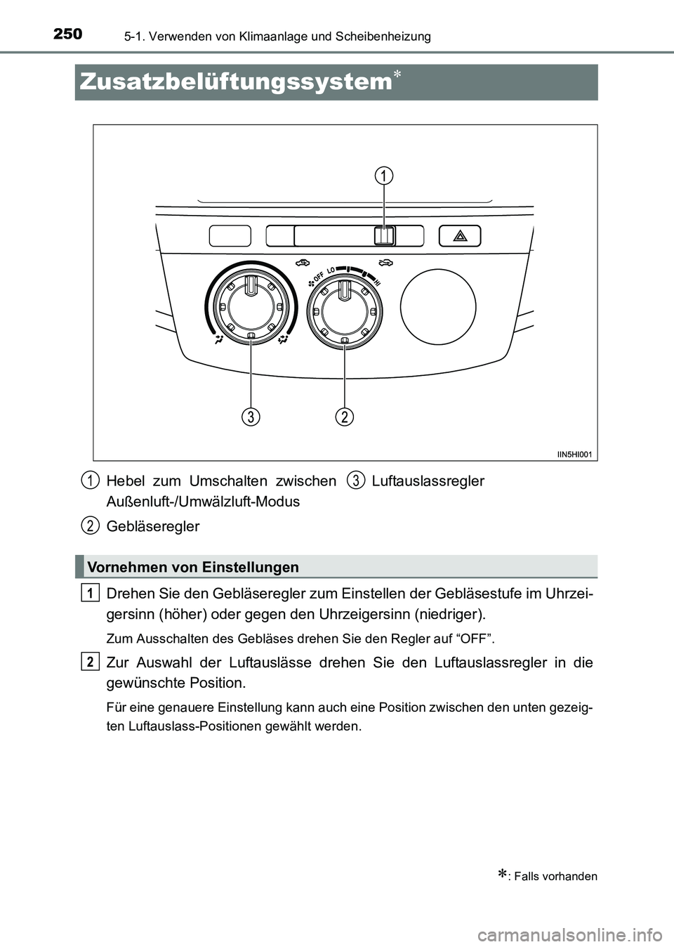 TOYOTA HILUX 2015 Betriebsanleitungen (in German) 2505-1. Verwenden von Klimaanlage und Scheibenheizung
HILUX_OM_OM71214M_(EM)
Zusatzbelüftungssystem∗
Drehen Sie den Gebläseregler zum Einstellen der Gebläsestufe im Uhrzei-
gersinn (höher) oder TOYOTA HILUX 2015 Betriebsanleitungen (in German) 2505-1. Verwenden von Klimaanlage und Scheibenheizung
HILUX_OM_OM71214M_(EM)
Zusatzbelüftungssystem∗
Drehen Sie den Gebläseregler zum Einstellen der Gebläsestufe im Uhrzei-
gersinn (höher) oder