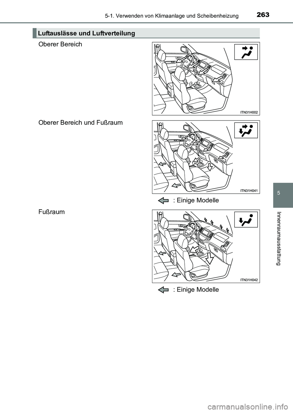 TOYOTA HILUX 2015 Betriebsanleitungen (in German) 2635-1. Verwenden von Klimaanlage und Scheibenheizung
5
Innenraumausstattung
HILUX_OM_OM71214M_(EM)
Oberer Bereich
Oberer Bereich und Fußraum: Einige Modelle
Fußraum
: Einige Modelle
Luftauslässe u TOYOTA HILUX 2015 Betriebsanleitungen (in German) 2635-1. Verwenden von Klimaanlage und Scheibenheizung
5
Innenraumausstattung
HILUX_OM_OM71214M_(EM)
Oberer Bereich
Oberer Bereich und Fußraum: Einige Modelle
Fußraum
: Einige Modelle
Luftauslässe u