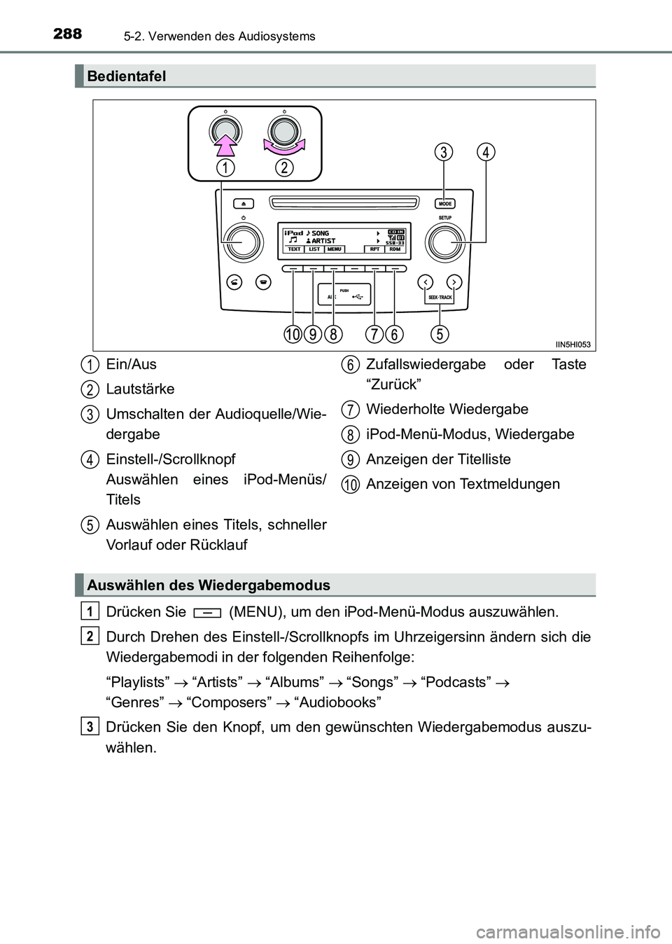 TOYOTA HILUX 2015 Betriebsanleitungen (in German) 2885-2. Verwenden des Audiosystems
HILUX_OM_OM71214M_(EM)
Drücken Sie (MENU), um den iPod-Menü-Modus auszuwählen.
Durch Drehen des Einstell-/Scrollknopfs im Uhrzeigersinn ändern sich die
Wiederg TOYOTA HILUX 2015 Betriebsanleitungen (in German) 2885-2. Verwenden des Audiosystems
HILUX_OM_OM71214M_(EM)
Drücken Sie (MENU), um den iPod-Menü-Modus auszuwählen.
Durch Drehen des Einstell-/Scrollknopfs im Uhrzeigersinn ändern sich die
Wiederg