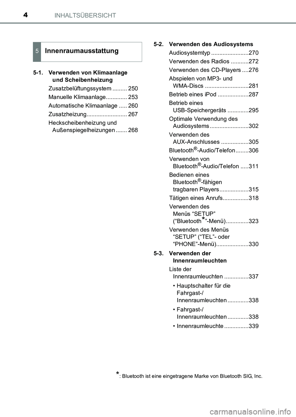 TOYOTA HILUX 2015 Betriebsanleitungen (in German) INHALTSÜBERSICHT4
HILUX_OM_OM71214M_(EM)5-1. Verwenden von Klimaanlage
und Scheibenheizung
Zusatzbelüftungssystem ......... 250
Manuelle Klimaanlage............. 253
Automatische Klimaanlage ..... TOYOTA HILUX 2015 Betriebsanleitungen (in German) INHALTSÜBERSICHT4
HILUX_OM_OM71214M_(EM)5-1. Verwenden von Klimaanlage
und Scheibenheizung
Zusatzbelüftungssystem ......... 250
Manuelle Klimaanlage............. 253
Automatische Klimaanlage .....