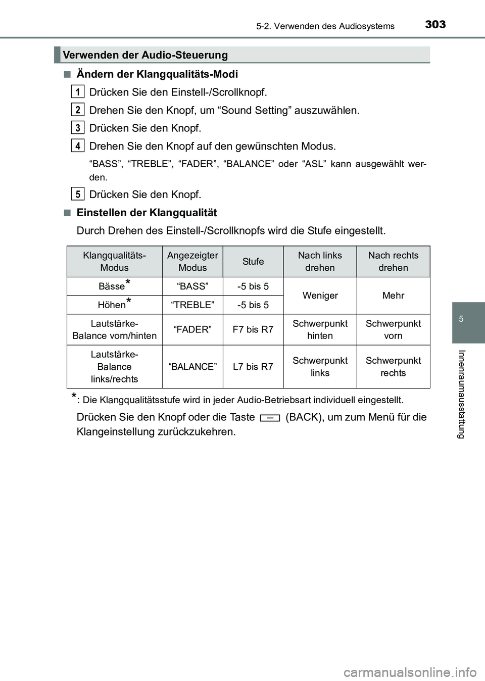 TOYOTA HILUX 2015 Betriebsanleitungen (in German) 3035-2. Verwenden des Audiosystems
5
Innenraumausstattung
HILUX_OM_OM71214M_(EM)■
Ändern der Klangqualitäts-Modi
Drücken Sie den Einstell-/Scrollknopf.
Drehen Sie den Knopf, um “Sound Setting TOYOTA HILUX 2015 Betriebsanleitungen (in German) 3035-2. Verwenden des Audiosystems
5
Innenraumausstattung
HILUX_OM_OM71214M_(EM)■
Ändern der Klangqualitäts-Modi
Drücken Sie den Einstell-/Scrollknopf.
Drehen Sie den Knopf, um “Sound Setting