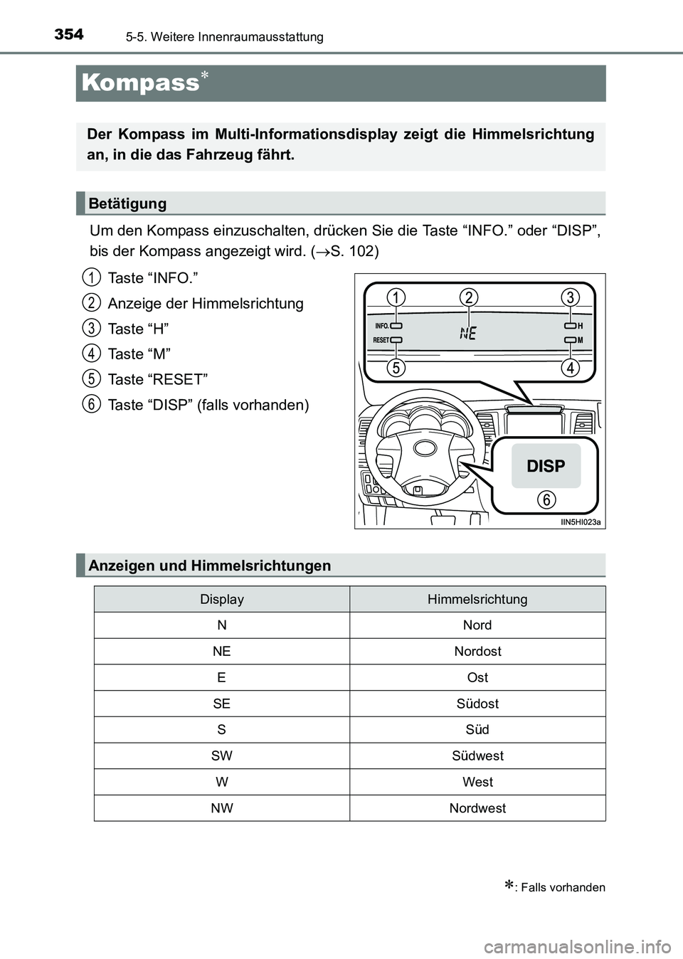 TOYOTA HILUX 2015  Betriebsanleitungen (in German) 3545-5. Weitere Innenraumausstattung
HILUX_OM_OM71214M_(EM)
Kompass∗
Um den Kompass einzuschalten, drücken Sie die Taste “INFO.” oder “DISP”,
bis der Kompass angezeigt wird. (→S. 102)
Ta 