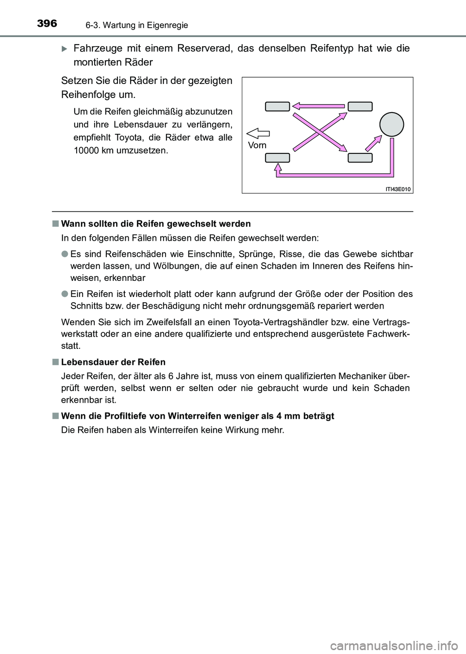 TOYOTA HILUX 2015  Betriebsanleitungen (in German) 3966-3. Wartung in Eigenregie
HILUX_OM_OM71214M_(EM)
�XFahrzeuge mit einem Reserverad, das denselben Reifentyp hat wie die
montierten Räder
Setzen Sie die Räder in der gezeigten
Reihenfolge um.
Um d