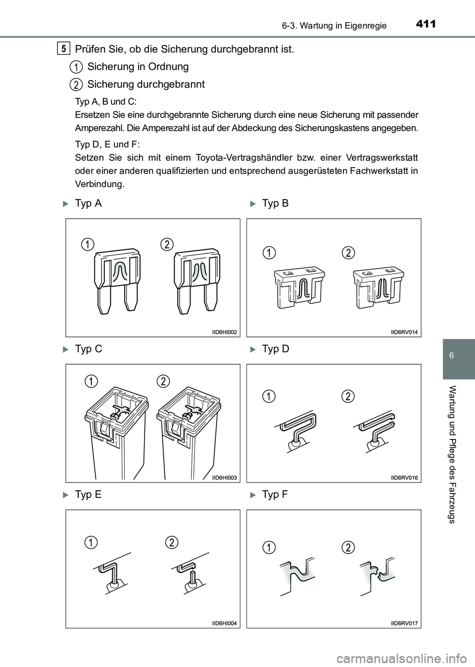 TOYOTA HILUX 2015  Betriebsanleitungen (in German) 4116-3. Wartung in Eigenregie
6
Wartung und Pflege des Fahrzeugs
HILUX_OM_OM71214M_(EM)
Prüfen Sie, ob die Sicherung durchgebrannt ist.Sicherung in Ordnung
Sicherung durchgebrannt
Typ A, B und C: 
Er