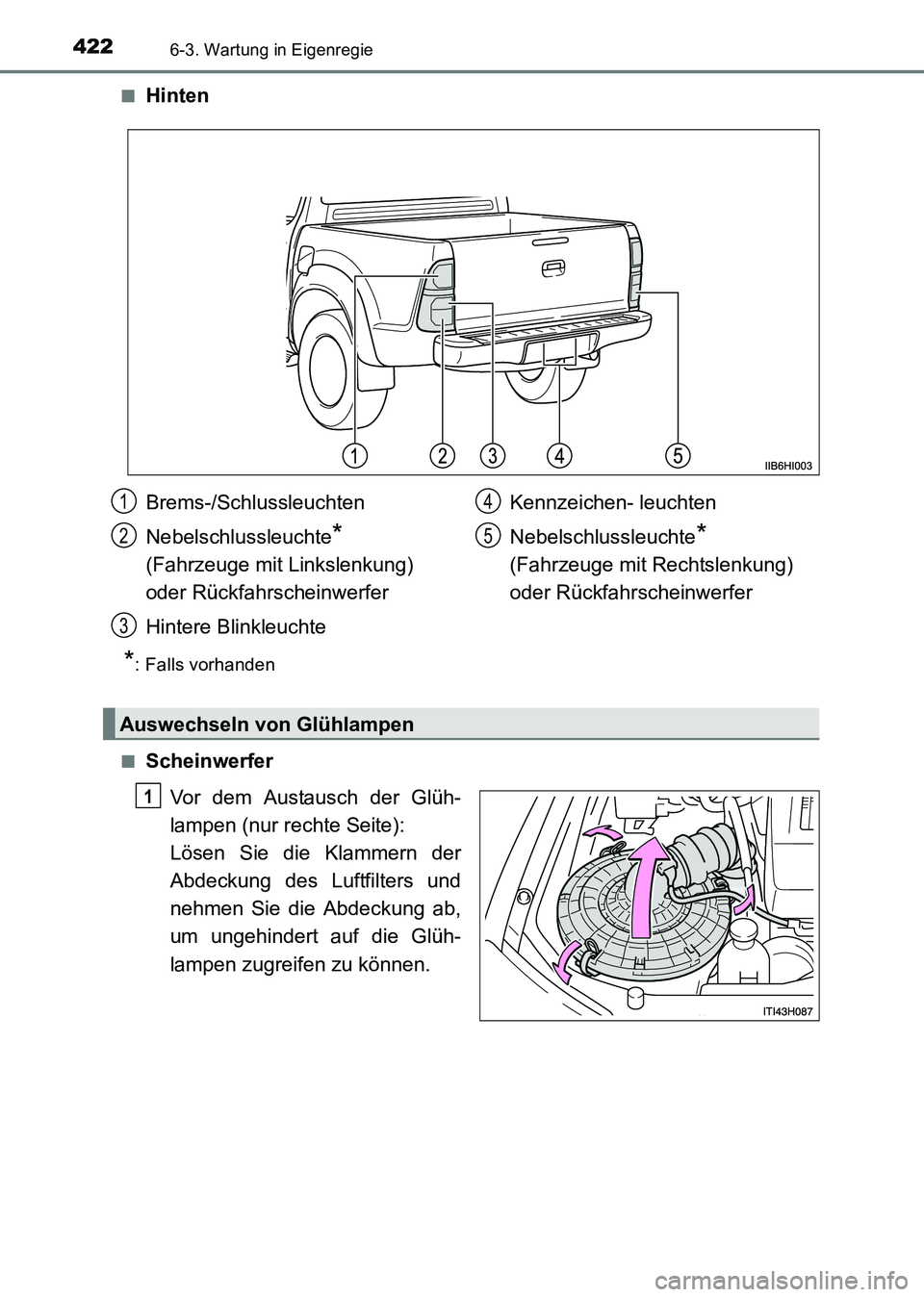 TOYOTA HILUX 2015  Betriebsanleitungen (in German) 4226-3. Wartung in Eigenregie
HILUX_OM_OM71214M_(EM)■
Hinten
*: Falls vorhanden
■
Scheinwerfer Vor dem Austausch der Glüh-
lampen (nur rechte Seite):
Lösen Sie die Klammern der
Abdeckung des Luf