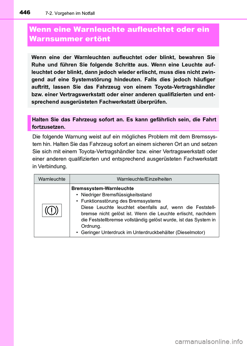 TOYOTA HILUX 2015 Betriebsanleitungen (in German) 4467-2. Vorgehen im Notfall
HILUX_OM_OM71214M_(EM)
Wenn eine Warnleuchte aufleuchtet oder ein
War nsummer er tönt
Die folgende Warnung weist auf ein mögliches Problem mit dem Bremssys-
tem hin. Hal TOYOTA HILUX 2015 Betriebsanleitungen (in German) 4467-2. Vorgehen im Notfall
HILUX_OM_OM71214M_(EM)
Wenn eine Warnleuchte aufleuchtet oder ein
War nsummer er tönt
Die folgende Warnung weist auf ein mögliches Problem mit dem Bremssys-
tem hin. Hal