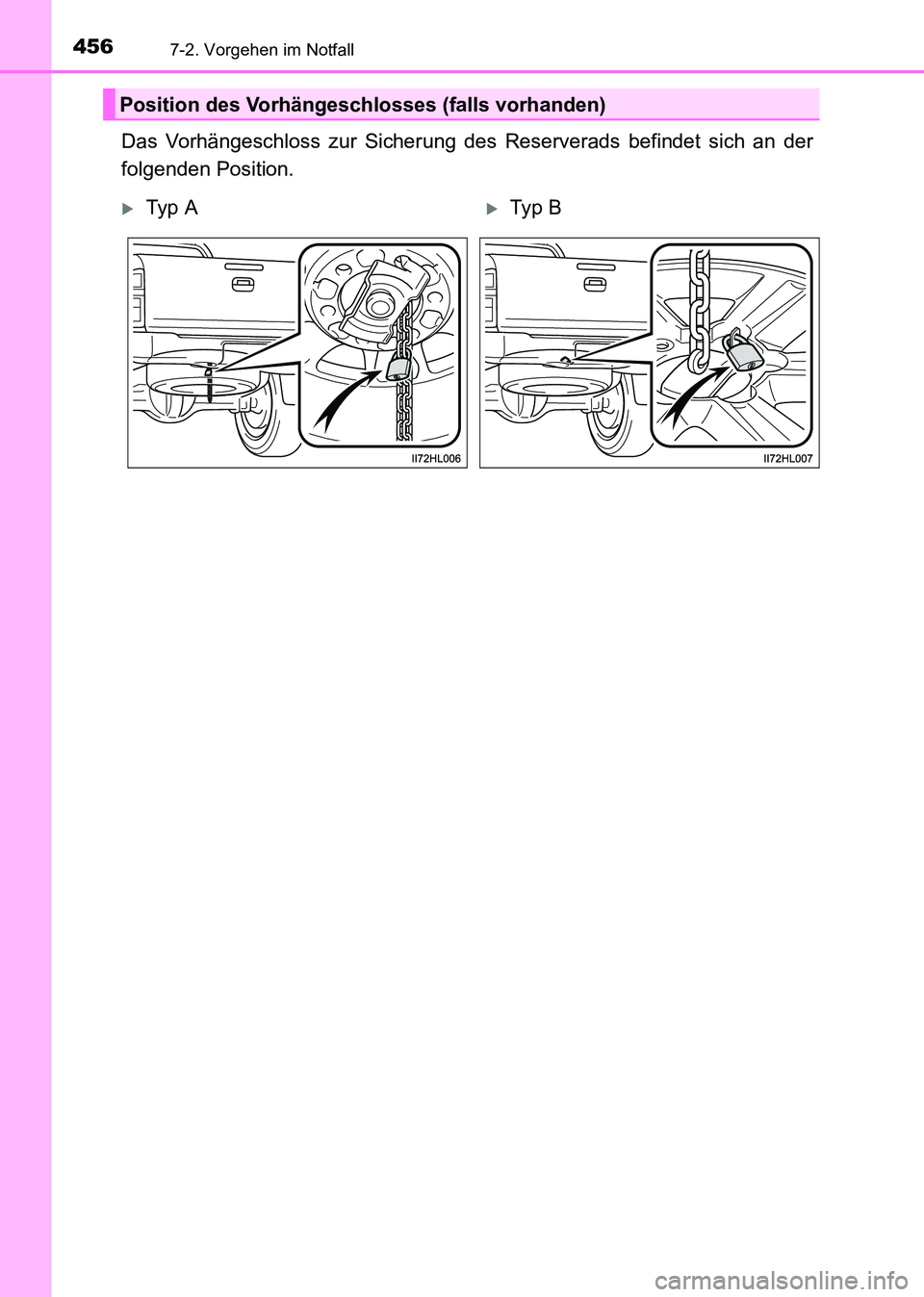 TOYOTA HILUX 2015  Betriebsanleitungen (in German) 4567-2. Vorgehen im Notfall
HILUX_OM_OM71214M_(EM)
Das Vorhängeschloss zur Sicherung des Reserverads befindet sich an der
folgenden Position.
Position des Vorhängeschlosses (falls vorhanden)
�XTy p 