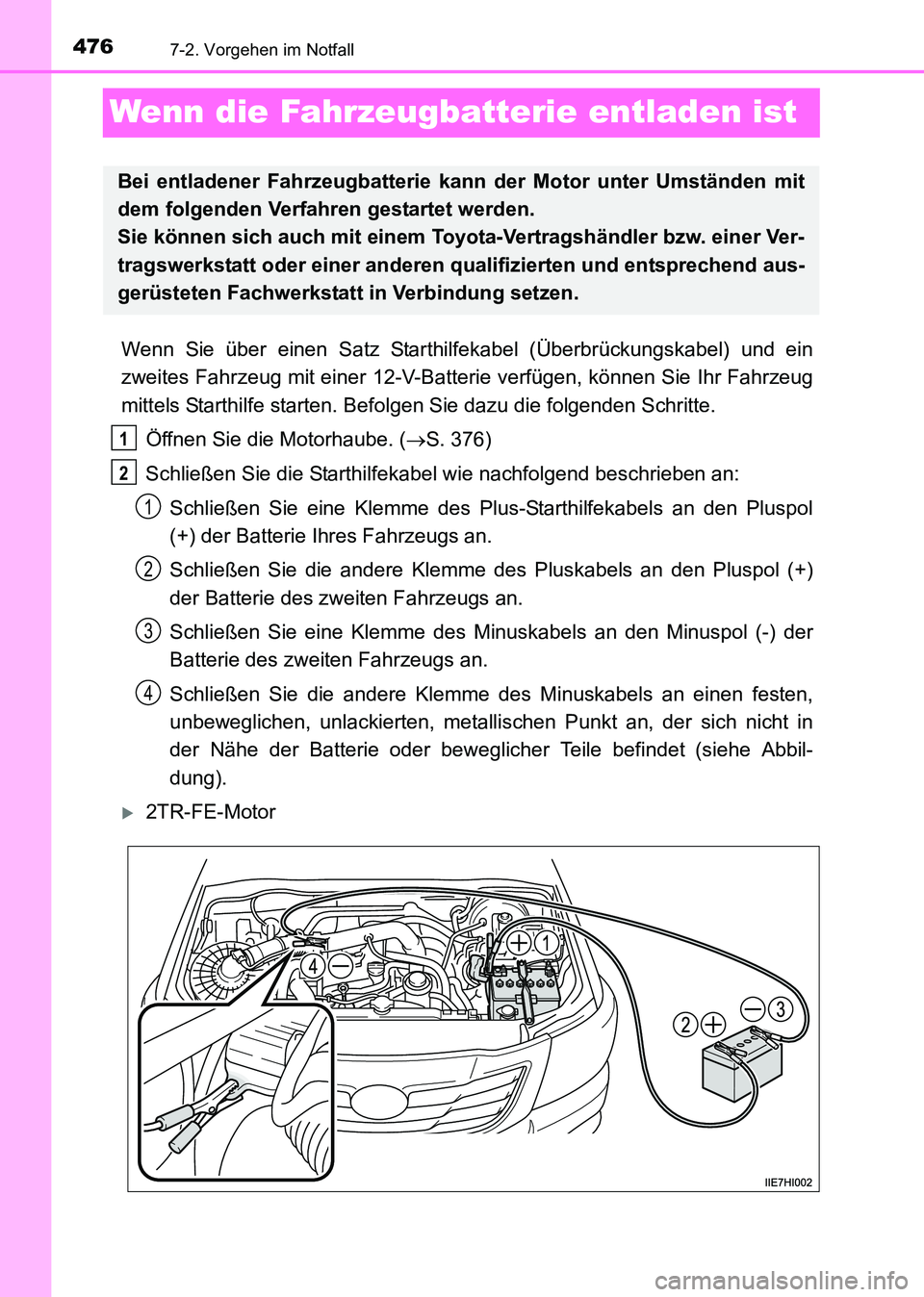 TOYOTA HILUX 2015  Betriebsanleitungen (in German) 4767-2. Vorgehen im Notfall
HILUX_OM_OM71214M_(EM)
Wenn die Fahrzeugbatterie entladen ist
Wenn Sie über einen Satz Starthilfekabel (Überbrückungskabel) und ein
zweites Fahrzeug mit einer 12-V-Batte