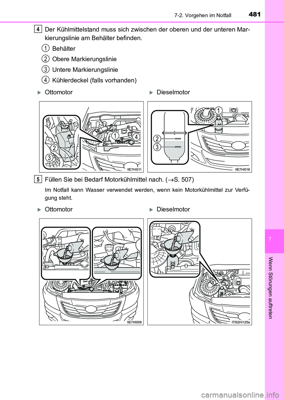 TOYOTA HILUX 2015 Betriebsanleitungen (in German) 4817-2. Vorgehen im Notfall
7
Wenn Störungen auftreten
HILUX_OM_OM71214M_(EM)
Der Kühlmittelstand muss sich zwischen der oberen und der unteren Mar-
kierungslinie am Behälter befinden.Behälter
Obe TOYOTA HILUX 2015 Betriebsanleitungen (in German) 4817-2. Vorgehen im Notfall
7
Wenn Störungen auftreten
HILUX_OM_OM71214M_(EM)
Der Kühlmittelstand muss sich zwischen der oberen und der unteren Mar-
kierungslinie am Behälter befinden.Behälter
Obe