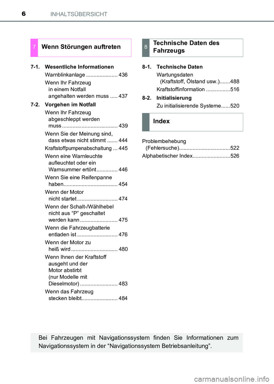 TOYOTA HILUX 2015  Betriebsanleitungen (in German) INHALTSÜBERSICHT6
HILUX_OM_OM71214M_(EM)7-1. Wesentliche Informationen
Warnblinkanlage ..................... 436
Wenn Ihr Fahrzeug in einem Notfall 
angehalten werden muss ..... 437
7-2. Vorgehen im 