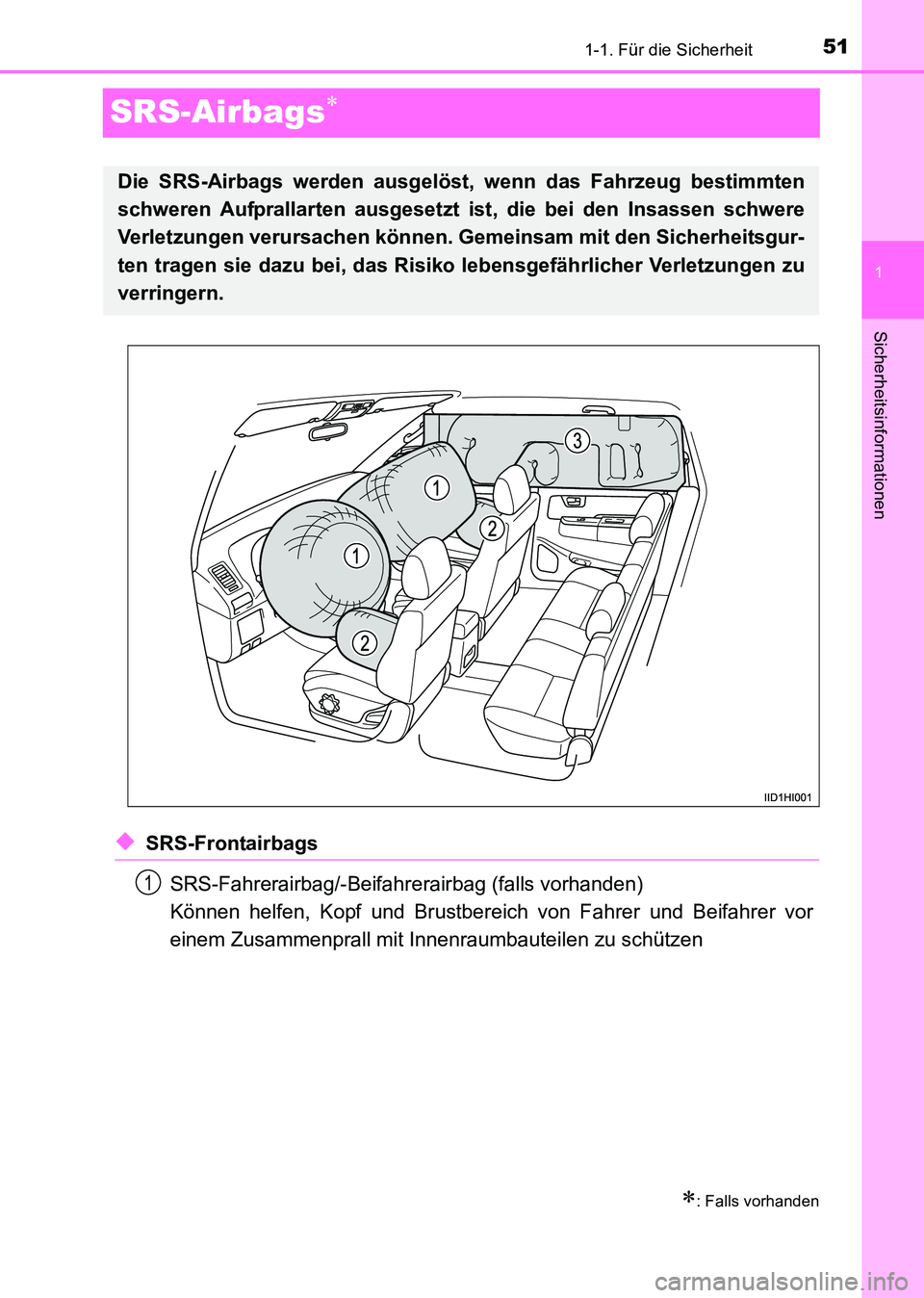 TOYOTA HILUX 2015 Betriebsanleitungen (in German) 511-1. Für die Sicherheit
1
Sicherheitsinformationen
HILUX_OM_OM71214M_(EM)
SRS-Airbags∗
◆SRS-FrontairbagsSRS-Fahrerairbag/-Beifahrerairbag (falls vorhanden)
Können helfen, Kopf und Brustbereich TOYOTA HILUX 2015 Betriebsanleitungen (in German) 511-1. Für die Sicherheit
1
Sicherheitsinformationen
HILUX_OM_OM71214M_(EM)
SRS-Airbags∗
◆SRS-FrontairbagsSRS-Fahrerairbag/-Beifahrerairbag (falls vorhanden)
Können helfen, Kopf und Brustbereich
