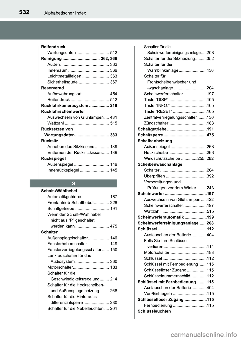 TOYOTA HILUX 2015 Betriebsanleitungen (in German) 532Alphabetischer Index
HILUX_OM_OM71214M_(EM)
ReifendruckWartungsdaten ............................ 512
Reinigung ................................ 362, 366 Außen .................................... TOYOTA HILUX 2015 Betriebsanleitungen (in German) 532Alphabetischer Index
HILUX_OM_OM71214M_(EM)
ReifendruckWartungsdaten ............................ 512
Reinigung ................................ 362, 366 Außen ....................................