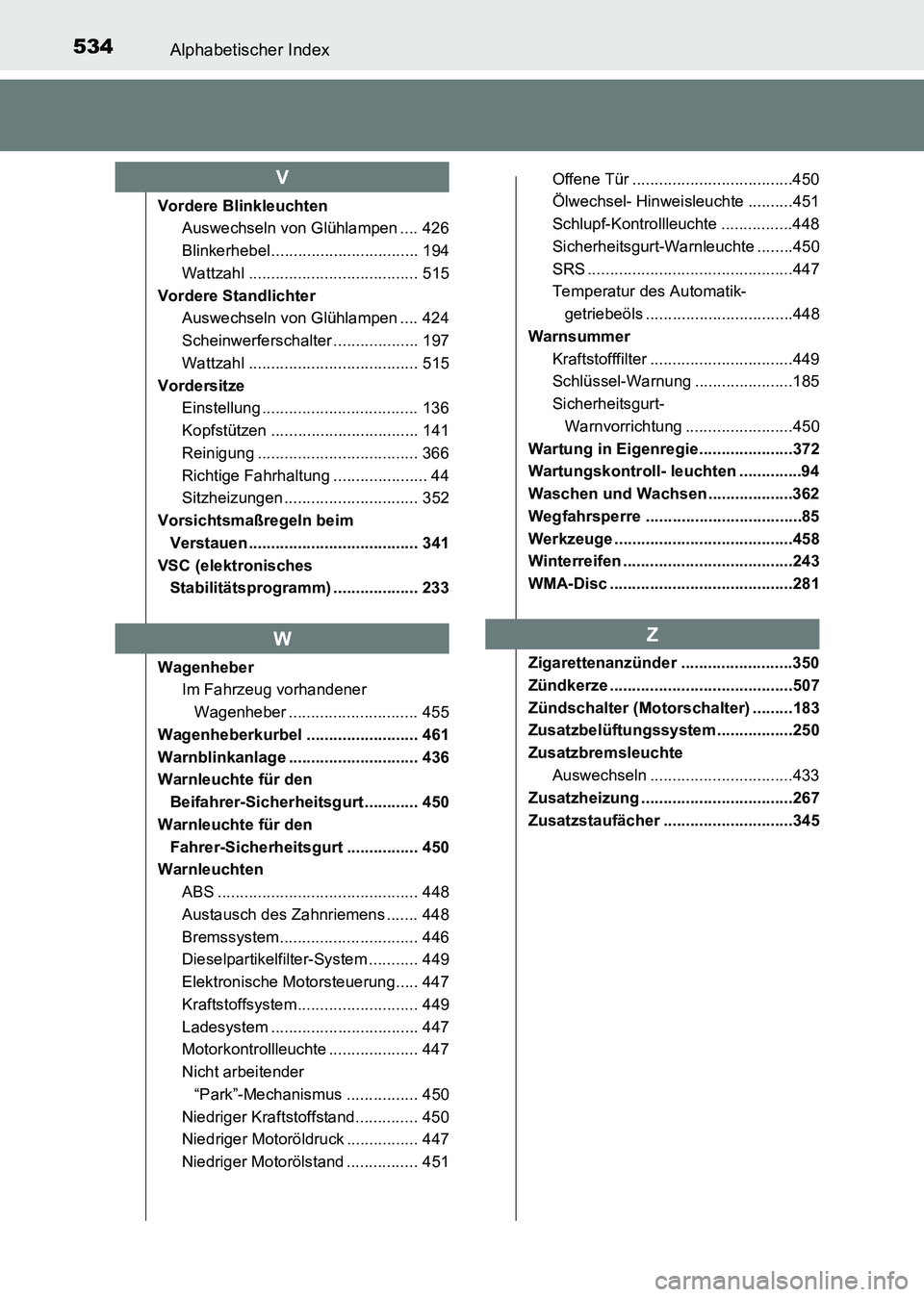 TOYOTA HILUX 2015 Betriebsanleitungen (in German) 534Alphabetischer Index
HILUX_OM_OM71214M_(EM)
Vordere BlinkleuchtenAuswechseln von Glühlampen .... 426
Blinkerhebel................................. 194
Wattzahl .................................... TOYOTA HILUX 2015 Betriebsanleitungen (in German) 534Alphabetischer Index
HILUX_OM_OM71214M_(EM)
Vordere BlinkleuchtenAuswechseln von Glühlampen .... 426
Blinkerhebel................................. 194
Wattzahl ....................................