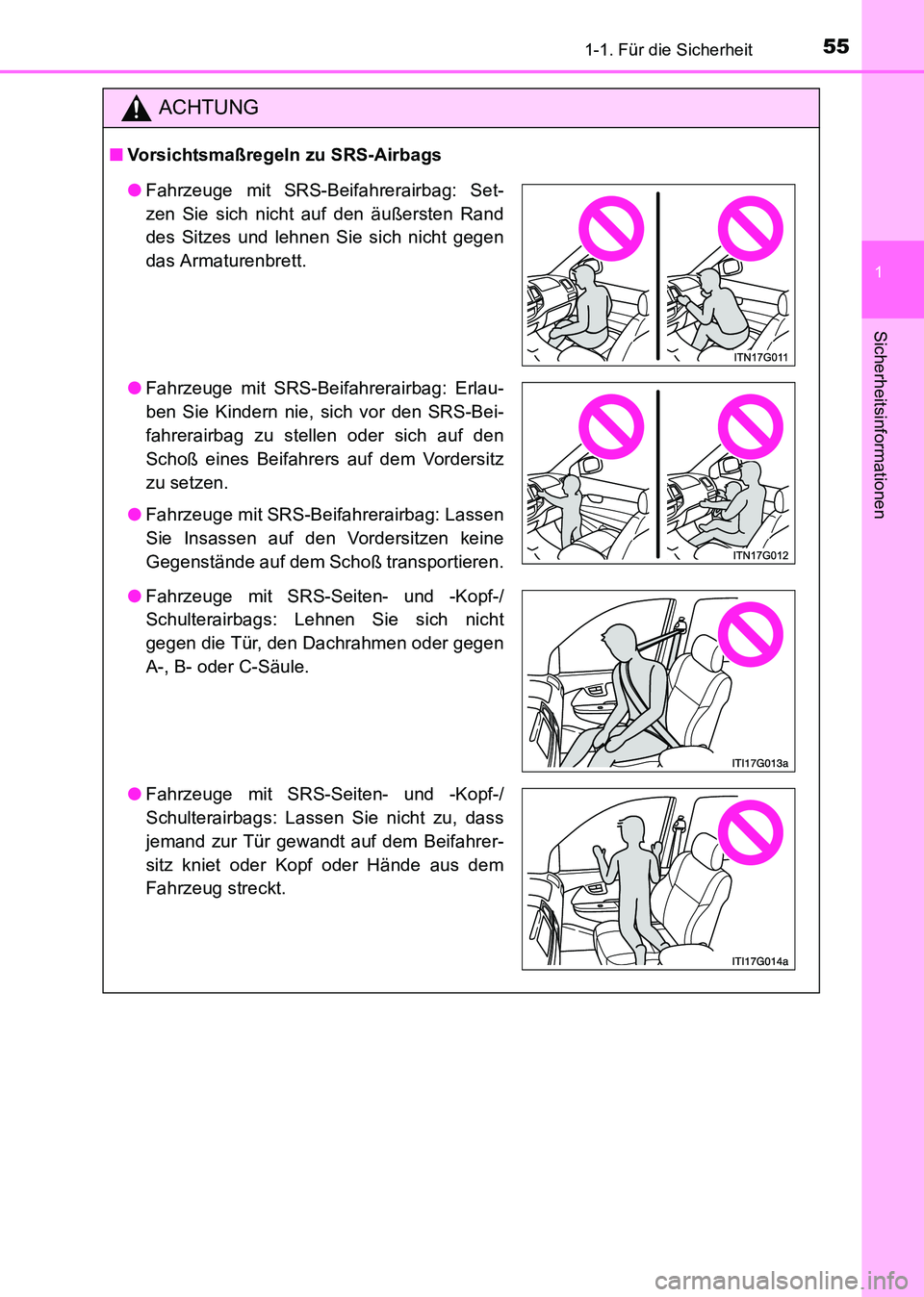 TOYOTA HILUX 2015 Betriebsanleitungen (in German) 551-1. Für die Sicherheit
1
HILUX_OM_OM71214M_(EM)
Sicherheitsinformationen
ACHTUNG
■Vorsichtsmaßregeln zu SRS-Airbags
●Fahrzeuge mit SRS-Beifahrerairbag: Set-
zen Sie sich nicht auf den äußer TOYOTA HILUX 2015 Betriebsanleitungen (in German) 551-1. Für die Sicherheit
1
HILUX_OM_OM71214M_(EM)
Sicherheitsinformationen
ACHTUNG
■Vorsichtsmaßregeln zu SRS-Airbags
●Fahrzeuge mit SRS-Beifahrerairbag: Set-
zen Sie sich nicht auf den äußer