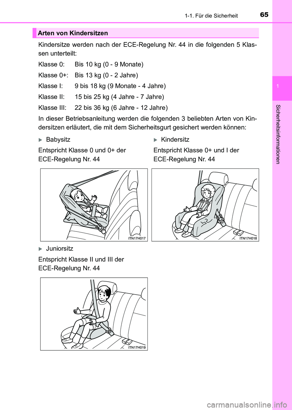 TOYOTA HILUX 2015 Betriebsanleitungen (in German) 651-1. Für die Sicherheit
1
HILUX_OM_OM71214M_(EM)
Sicherheitsinformationen
Kindersitze werden nach der ECE-Regelung Nr. 44 in die folgenden 5 Klas-
sen unterteilt:
Klasse 0: Bis 10 kg (0 - 9 Monate) TOYOTA HILUX 2015 Betriebsanleitungen (in German) 651-1. Für die Sicherheit
1
HILUX_OM_OM71214M_(EM)
Sicherheitsinformationen
Kindersitze werden nach der ECE-Regelung Nr. 44 in die folgenden 5 Klas-
sen unterteilt:
Klasse 0: Bis 10 kg (0 - 9 Monate)