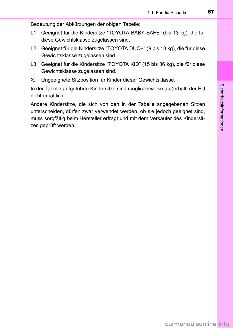 TOYOTA HILUX 2015  Betriebsanleitungen (in German) 671-1. Für die Sicherheit
1
HILUX_OM_OM71214M_(EM)
Sicherheitsinformationen
Bedeutung der Abkürzungen der obigen Tabelle:
L1: Geeignet für die Kindersitze “TOYOTA BABY SAFE” (bis 13 kg), die f